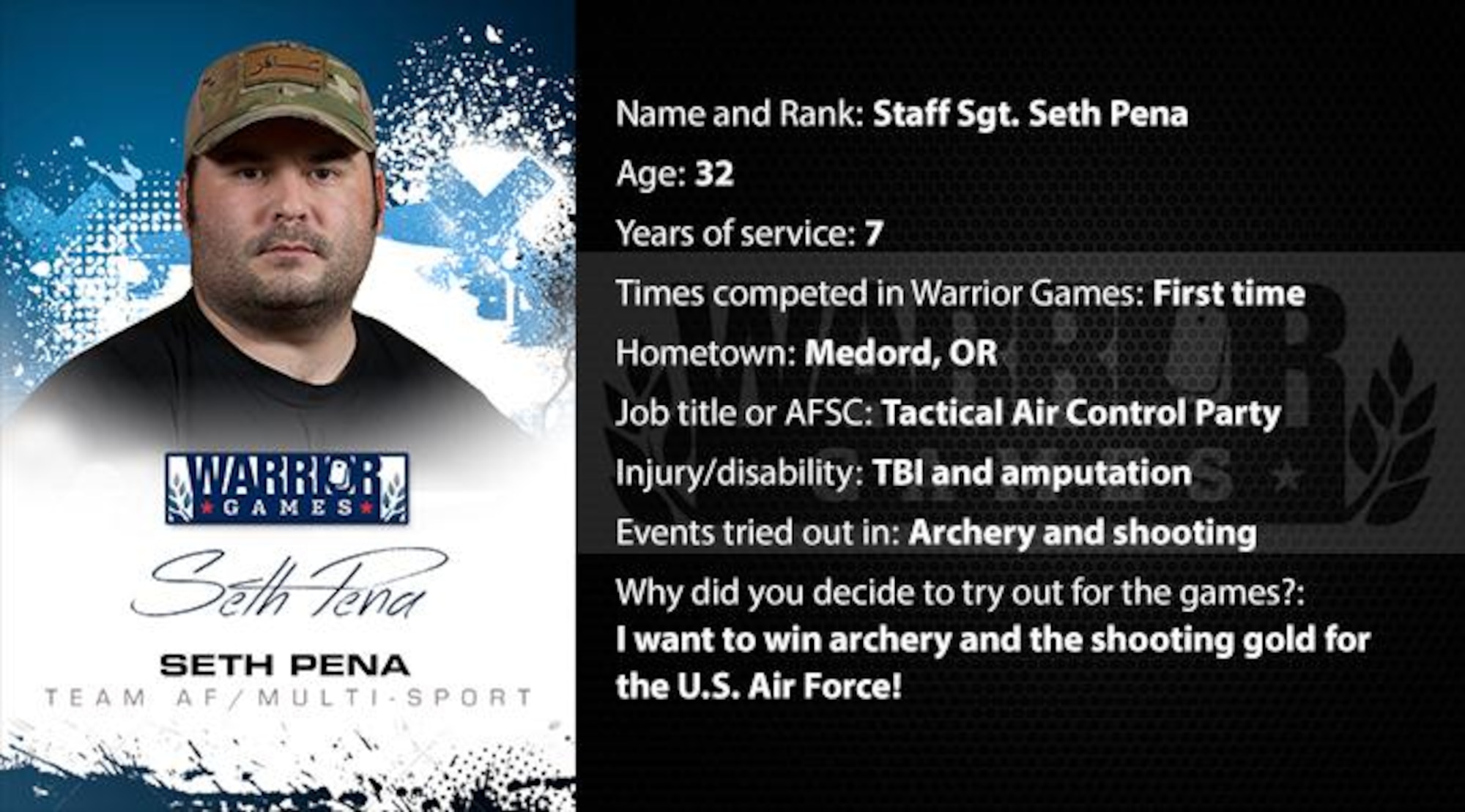 Warrior Games profile for Staff Sgt. Seth Pena. (U.S. Air Force graphic/Corey Parrish)
