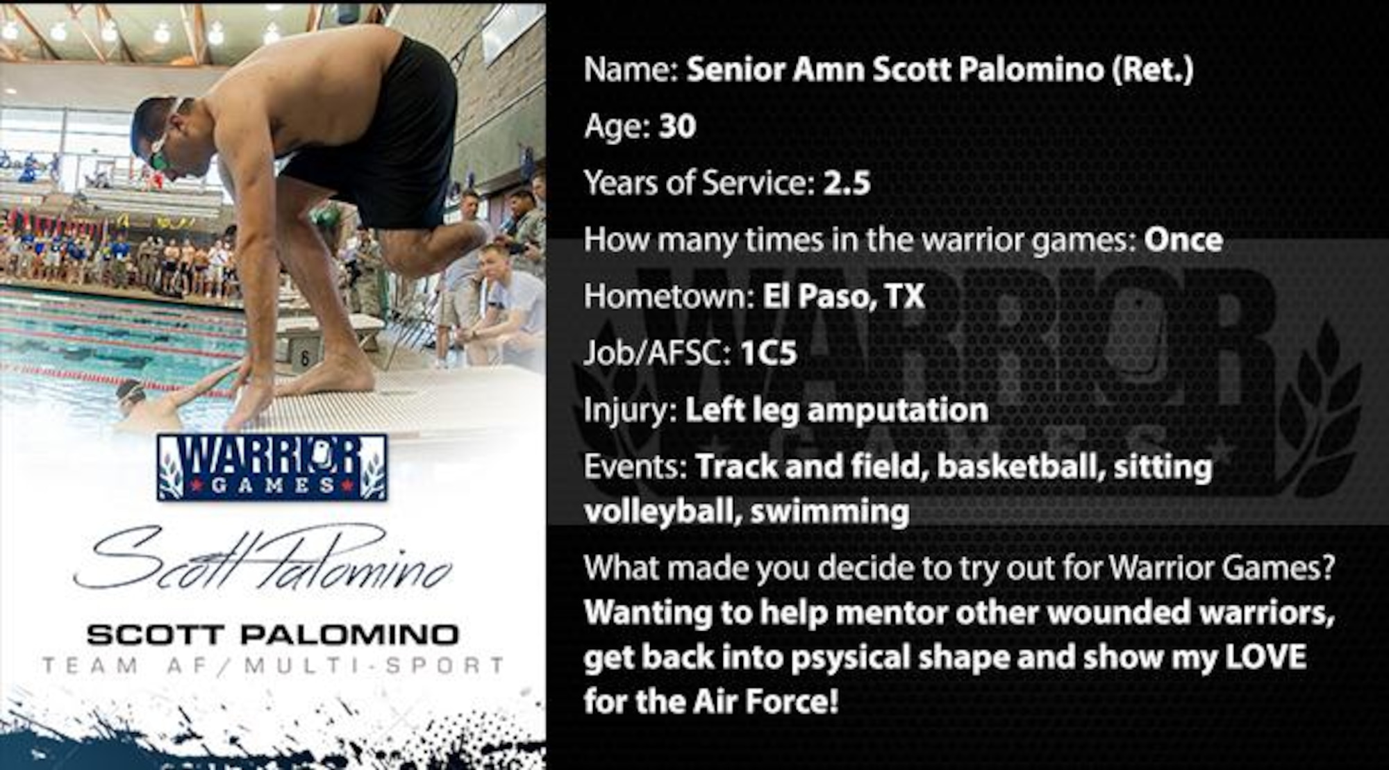 Warrior Games profile for retired Senior Airman Scott Palomino. (U.S. Air Force graphic/Corey Parrish)

