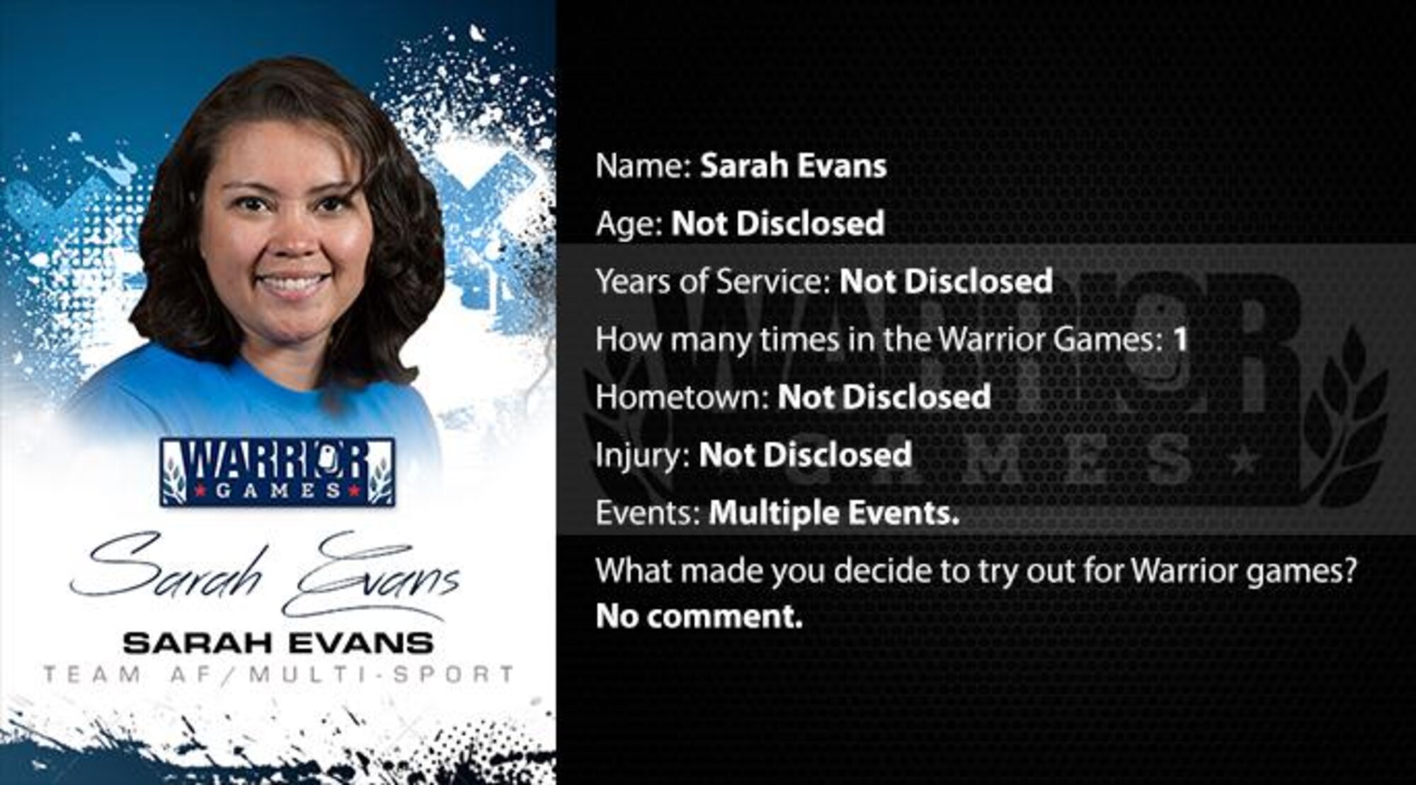 Warrior Games profile for Sarah Evans. (U.S. Air Force graphic/Corey Parrish)