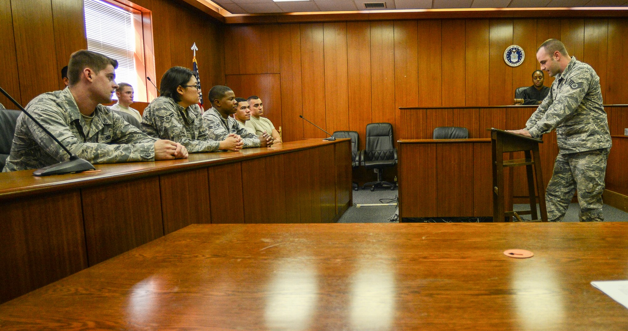 More than 20 first-term Airmen experience jury duty of a simulated sexual assault trial at the 39th Air Base Wing legal office Sept. 12, 2014, Incirlik Air Base, Turkey. The mock trial is now part of the First Term Airmen Center course required for all new Airmen to take at their first duty location. (U.S. Air Force photo by Airman Cory Bush/Released)