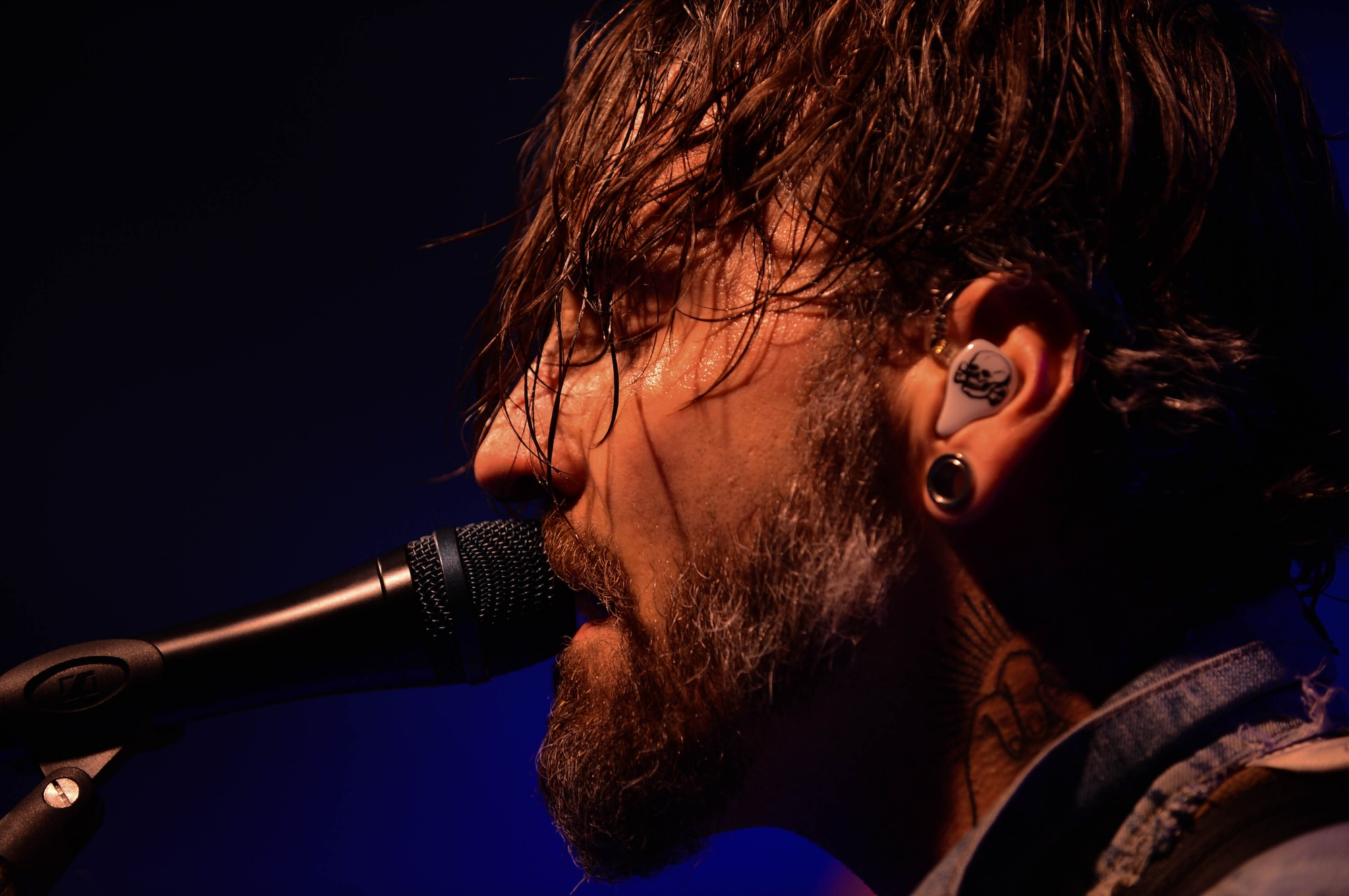 Christian McAlhaney, a guitarist for Anberlin, sings back-up vocals at a concert in the Skelton Memorial fitness center at Spangdahlem Air Base, Germany, Sept. 22, 2014. The band plans to complete one final tour before disbanding after 12 years of performing and seven albums. (U.S. Air Force photo by Airman 1st Class Kyle Gese/Released)