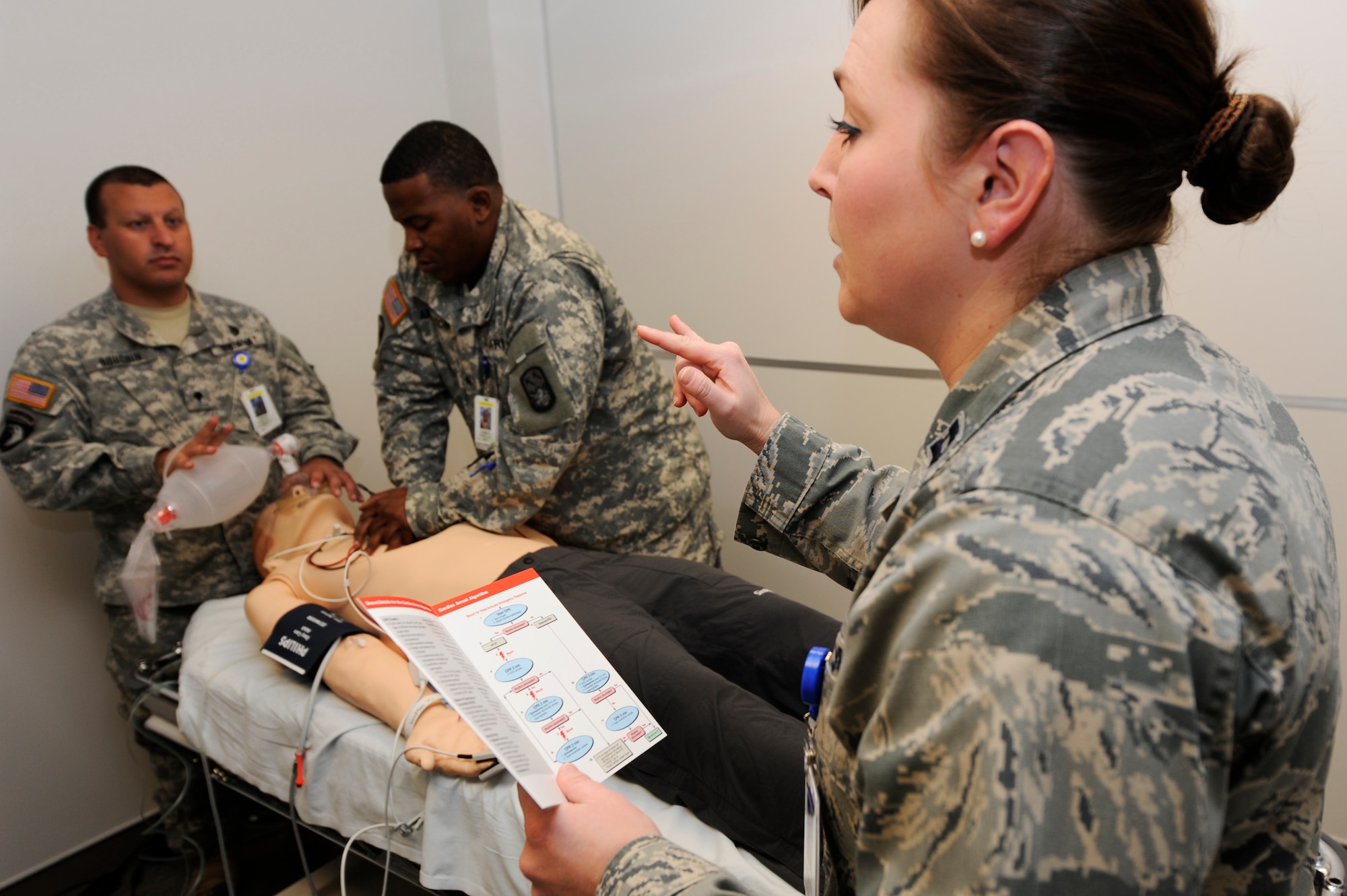 U.S. Air Force Capt. Randi Ewing, 18th Medical Operations Squadron Family Health Clinic element leader, instructs Army Spc. Stephen Bobchin (left), 1-1 Air Defense Artillery Battalion advanced cardiac life support instructor, and Army Sgt. Charles Anderson (right), 1-1 ADA medic, on treating a patient in need of resuscitation on Kadena Air Base, Japan, Sept. 18, 2014. This was part of competency training  which medical professionals are chosen at random to participate in twice a month. (U.S. Air Force photo by Senior Airman Marcus Morris/Released)