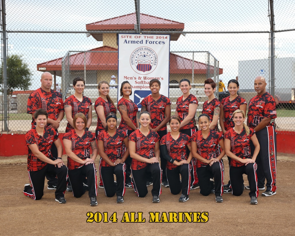 The 2014 All Marine Womens Softball Team at the 2014 Armed Forces Womens Softball Championship at Fort Sill, Okla. 14-19 Sept.