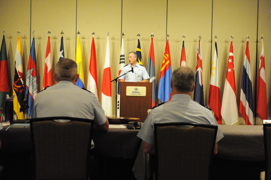 Maj. Gen. Paul H. McGillicuddy, Pacific Air Forces vice commander, speaks during the 2014 Pacific Rim Airpower Symposium in Honolulu, Hawaii Sept. 23, 2014. Military leaders from 20 countries participated in the symposium, which is designed to encourage relationship building and enhance cooperation among the air forces of Pacific nations. (U.S. Air Force photo/Master Sgt. Matthew McGovern)