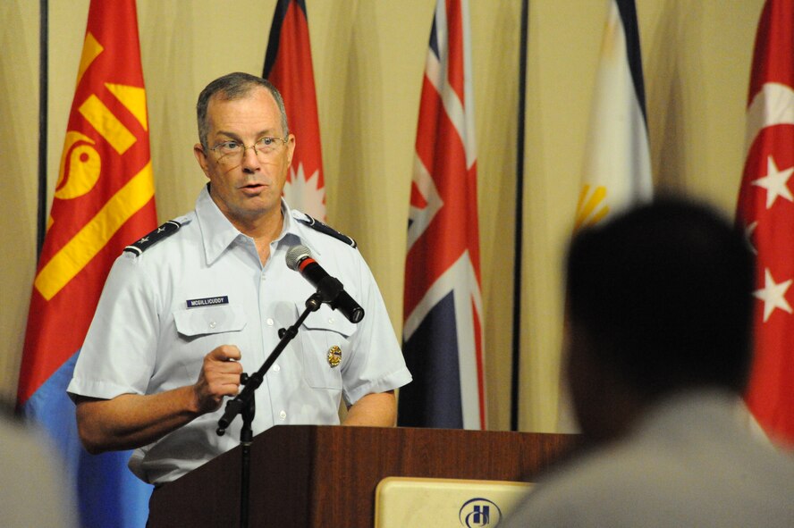 Maj. Gen. Paul H. McGillicuddy, Pacific Air Forces vice commander, discusses the role airpower plays in supporting peace and stability in the Pacific region during the 2014 Pacific Rim Airpower Symposium in Honolulu, Hawaii Sept. 23, 2014. Military leaders from 20 countries participated in the symposium, which is designed to encourage relationship building and enhance cooperation among the Pacific nations. (U.S. Air Force photo/Master Sgt. Matthew McGovern)