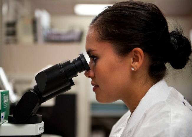 Airman 1st Class Jessica Eloja, 99th Medical Support Squadron medical lab technician phase II student, observes an organism under a microscope at the Mike O’Callaghan Federal Medical Center at Nellis Air Force Base, Nev., Sept. 19, 2014. Lab testing can help identify a wide variety of illnesses that can range from high cholesterol to leukemia. (U.S. Air Force photo by Airman 1st Class Thomas Spangler)