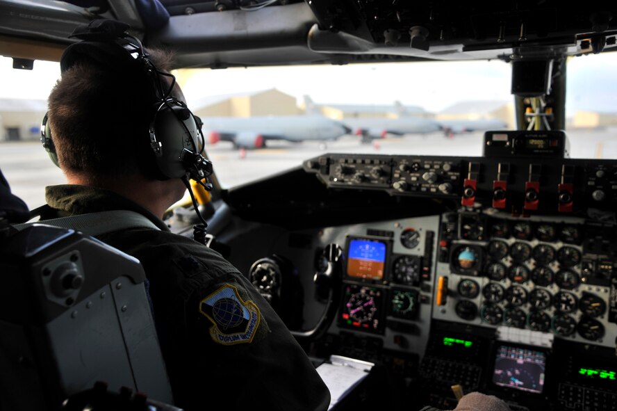 Lt. Col. David Parlotz taxis toward the runway at Fairchild Air Force Base, Washington, Sept. 23, 2014. This KC-135 Stratotanker, assigned to the 92nd Air Refueling Wing, usually transports a crew of three, including a pilot, co-pilot and boom operator. Parlotz is the 92nd ARW Inspector General. (U.S. Air Force photo/Senior Airman Mary O'Dell)