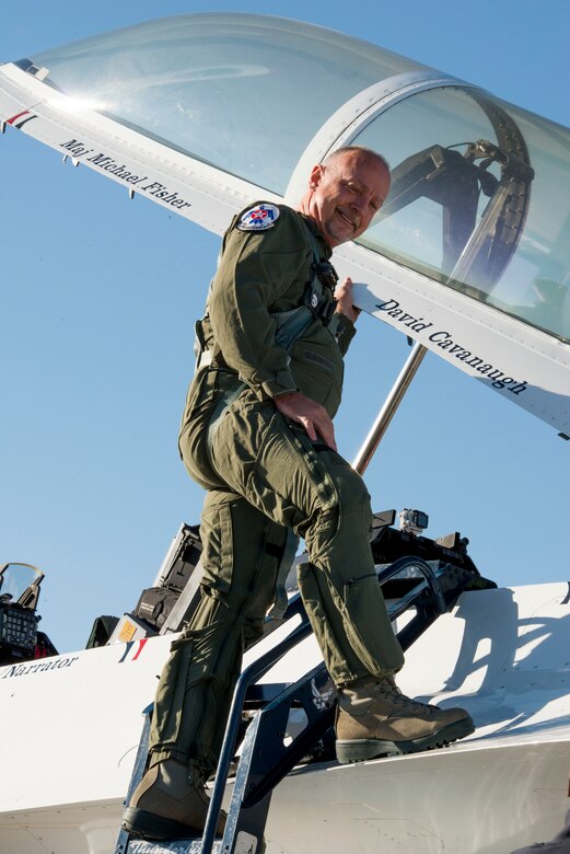 Sergeant David Cavanaugh, Boise police officer, poses for a photo before take-off Sept. 19, 2014, at Mountain Home Air Force Base, Idaho. The choice for the Hometown Hero Flight was not made lightly. Cavanaugh was chosen out of many qualified candidates. (U.S. Air Force photo by Airman 1st Class Malissa Lott/RELEASED)