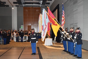 U.S. Army Soldiers from the 7th Transportation Brigade (Expeditionary) color guard team post the colors at the Resolute Ball in Hampton, Va., Sept. 19, 2014. The 7th Trans. Bde. (Ex.) celebrated the year’s many missions and accomplishments. (U.S. Army photo by Spc. Marian Alleva/Released)