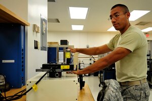 U.S. Air Force Staff Sgt. Danny Herrera, 1st Maintenance Squadron Precision Measurement Equipment Laboratory journeyman, uses a torque limiter at Langley Air Force Base, Va., Sept. 23, 2014. Torque limiters ensure technicians cannot over-tighten aircraft bolts. (U.S. Air Force photo by Airman 1st Class Breonna Veal) 