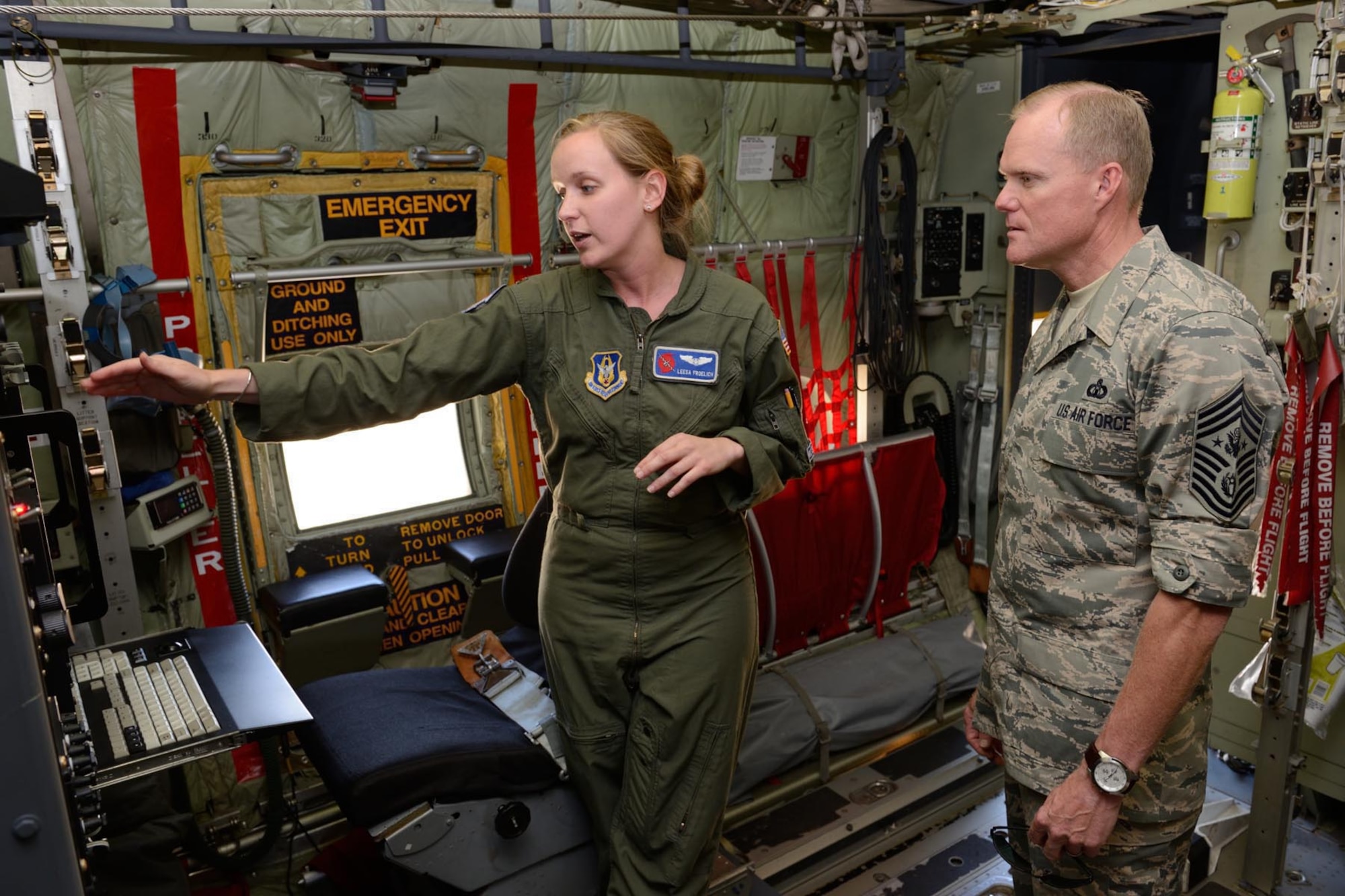 Chief Master Sgt. of the Air Force James A. Cody receives a briefing Sept. 23, 2014, from 2nd Lt. Leesa Froelich, 53rd Weather Reconnaissance Squadron “Hurricane Hunters” aerial reconnaissance weather officer, on the equipment used by weather officers on a WC-130J to collect data during storm flights. The chief visited with 403rd Wing reservists, 81st Training Wing and 2nd Air Force Airmen at Keesler Air Force Base, Mississippi, Sept. 22-23, 2014, to further his understanding of the various missions at the base and to allow individual units to showcase their missions and the Airmen who make them happen. (U.S. Air Force photo/Tech. Sgt. Ryan Labadens)