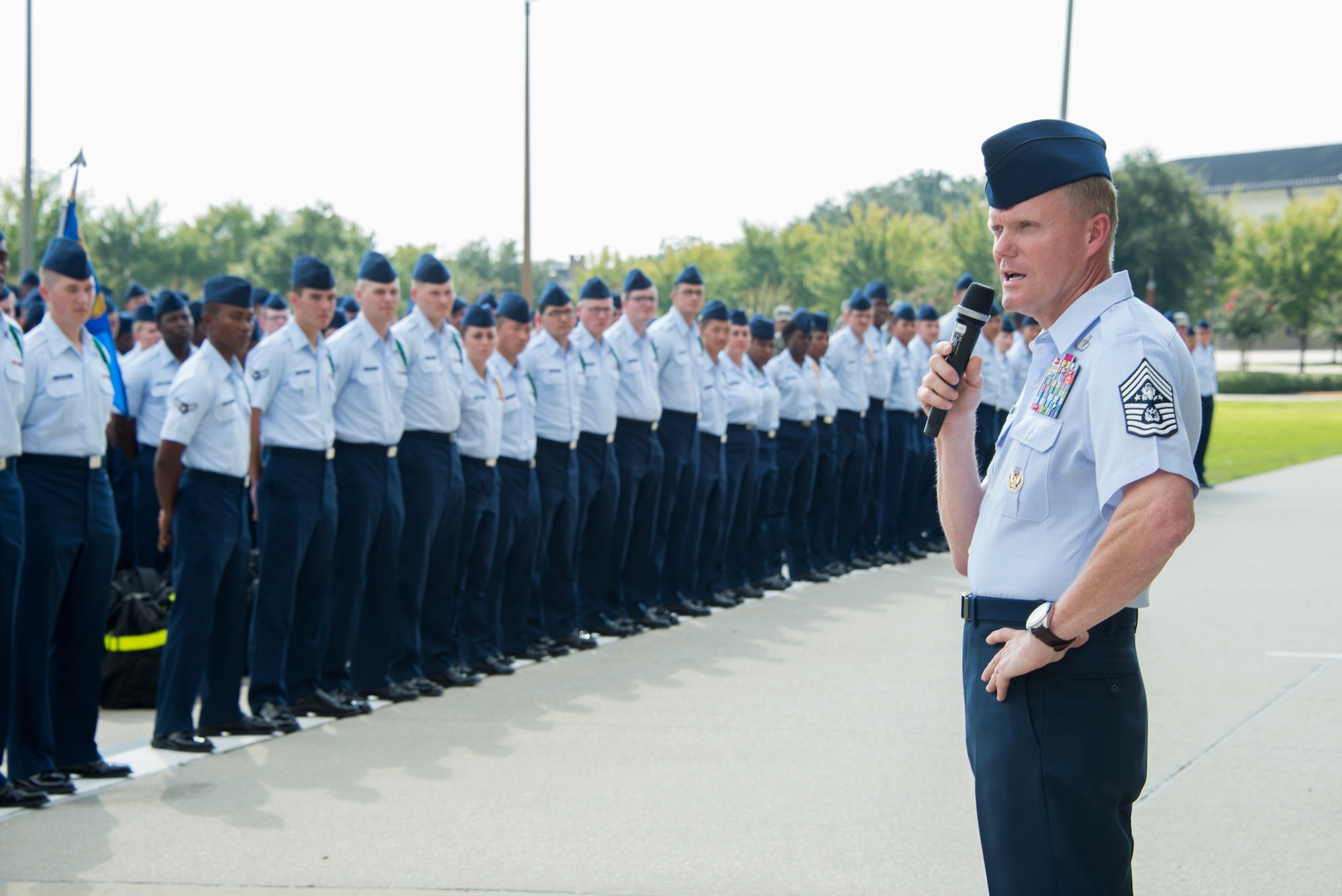 Chief Master Sgt. of the Air Force James A. Cody addresses non-prior service students on the parade field during a two-day visit of the base Sept. 22-23, 2014, Keesler Air Force Base, Miss.  The purpose of the visit was to thank Team Keesler members and further understand the various missions here, including 2nd Air Force, 81st Training Wing and the 403rd Wing. (U.S. Air Force photo by Marie Floyd)