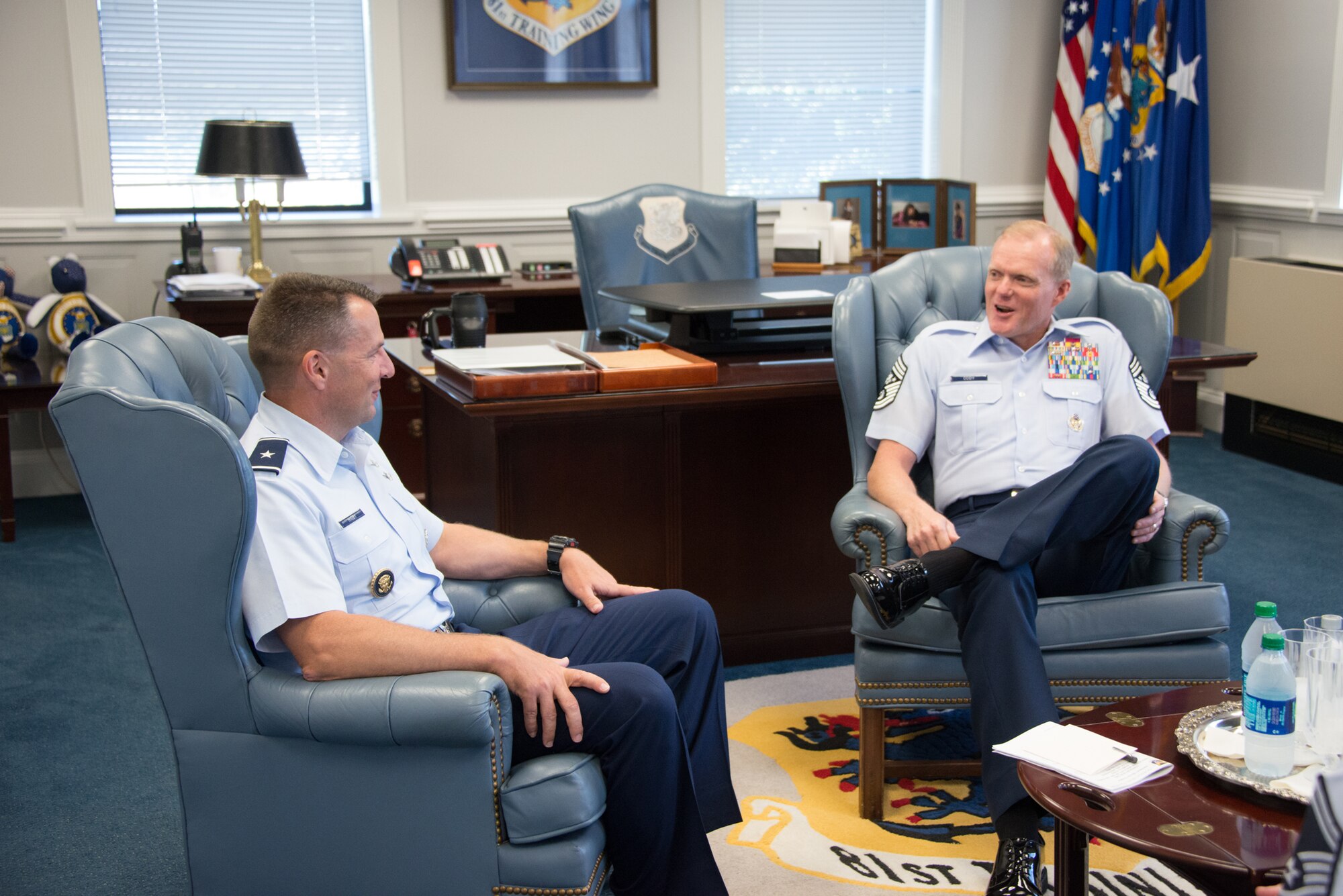 Brig. Gen. Patrick Higby, 81st Training Wing commander, and Chief Master Sgt. of the Air Force James A. Cody have a discussion at Higby’s office during a two-day visit of the base Sept. 22-23, 2014, Keesler Air Force Base, Miss.  The purpose of the visit was to thank Team Keesler members and further understand the various missions here, including 2nd Air Force, 81st Training Wing and the 403rd Wing. (U.S. Air Force photo by Marie Floyd)