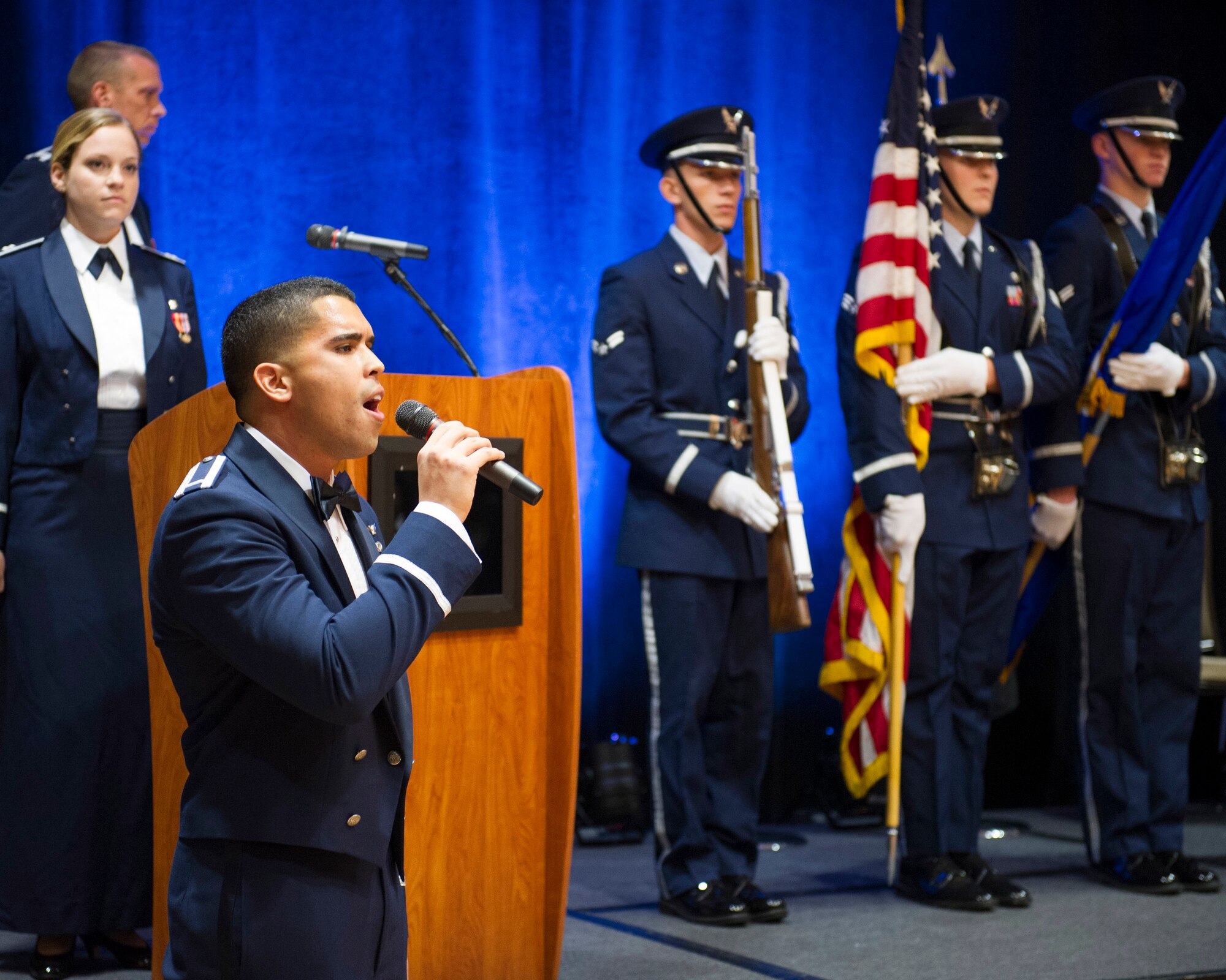First Lt. Emanuel Nunez, 45th Launch Support Squadron, sings the National Anthem, during the Air Force Ball, an event hosted to celebrate the U.S. Air Force’s 67th birthday, in Melbourne, Fla., Sept. 19, 2014. Though Sept. 18, 1947, is seen as the official birth of the Air Force as we know it today, the truth is that the Air Force has a rich history that can be traced as far back as to the Civil War with the Union Army Balloon Corps. (U.S. Air Force photo/Matthew Jurgens) (Released) 
