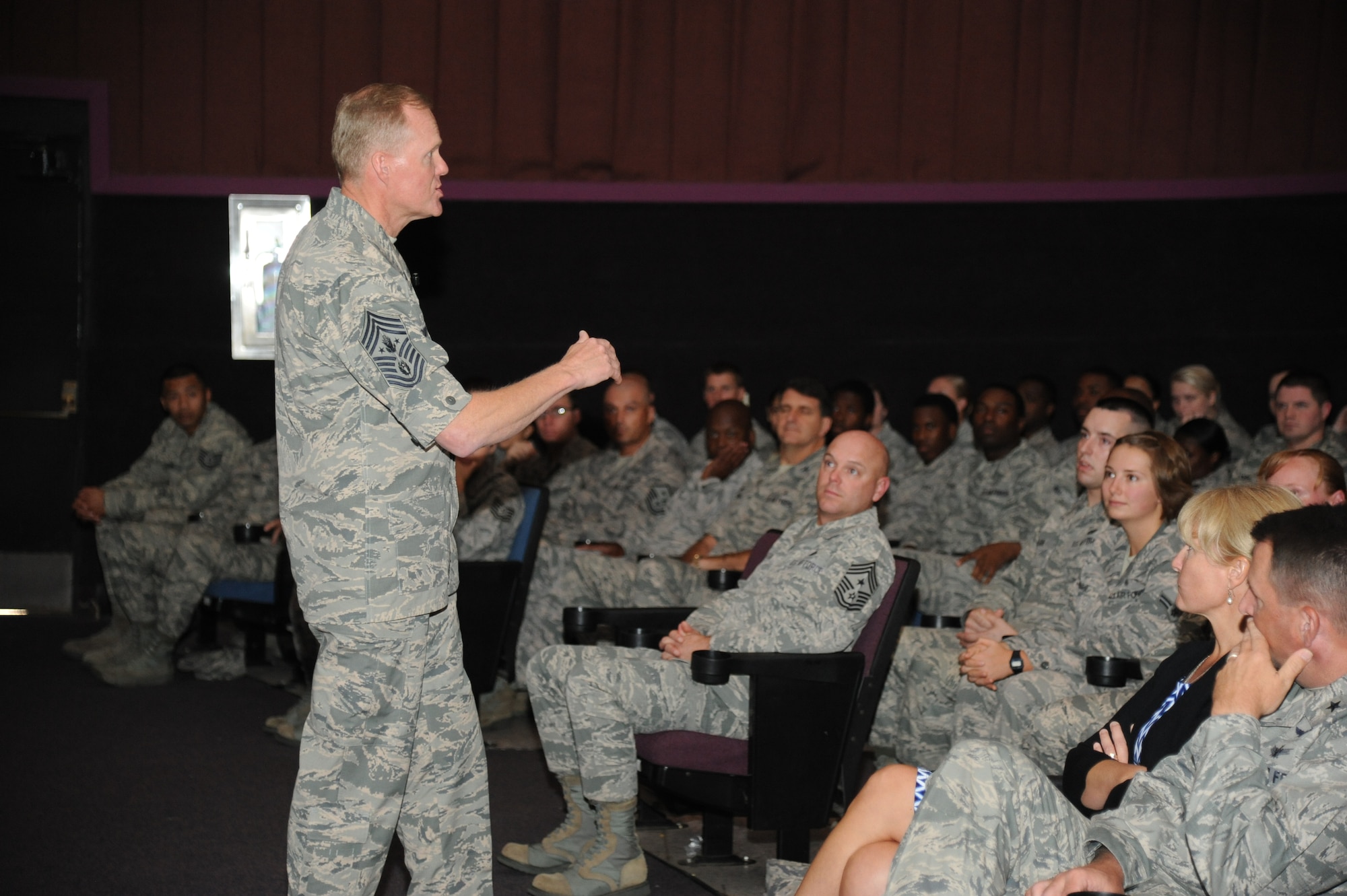 Chief Master Sgt. of the Air Force James A. Cody addresses the audience during an All Call for Airmen and NCOs at the Welch Theater during a two-day visit of Keesler Air Force Base, Miss., Sept. 22-23, 2014.  The purpose of the visit was to thank Team Keesler members and further understand the various missions here, including 2nd Air Force, 81st Training Wing and the 403rd Wing. (U.S. Air Force photo by Kemberly Groue)