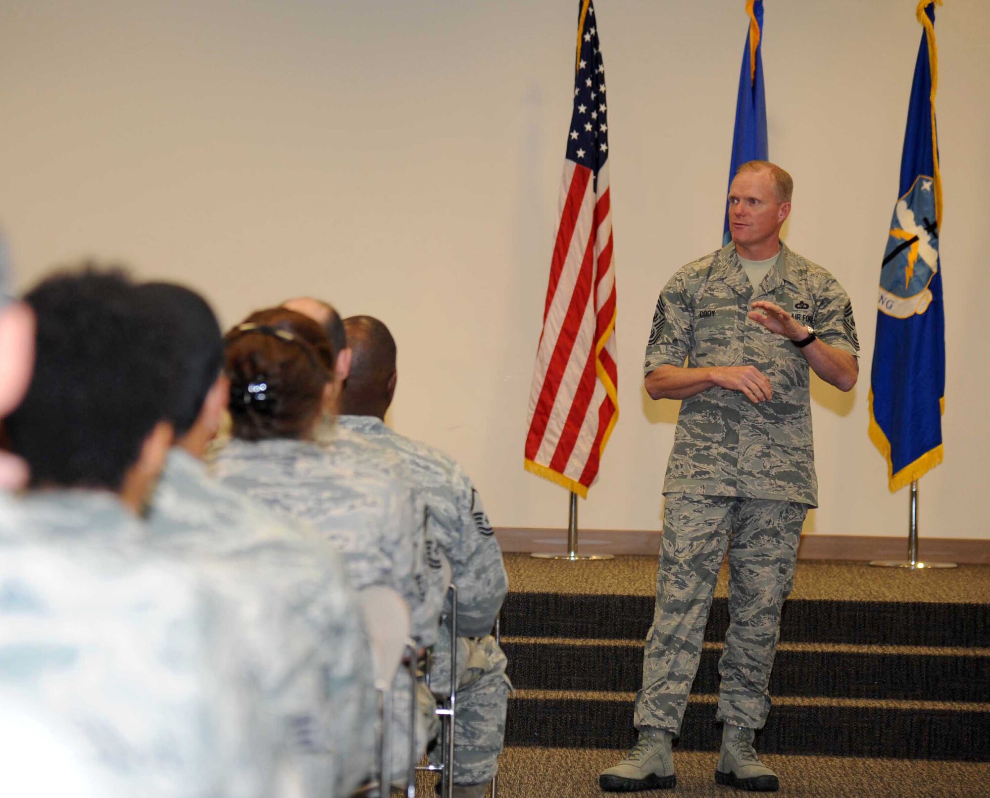 Chief Master Sgt. of the Air Force James A. Cody addresses members of the 53rd Weather Reconnaissance Squadron after receiving a 403rd Wing mission brief at the Roberts Consolidated Aircraft Maintenance Facility during a two-day visit of Keesler Air Force Base, Miss., Sept. 22-23, 2014.  The purpose of the visit was to thank Team Keesler members and further understand the various missions here, including 2nd Air Force, 81st Training Wing and the 403rd Wing. (U.S. Air Force photo by Kemberly Groue)