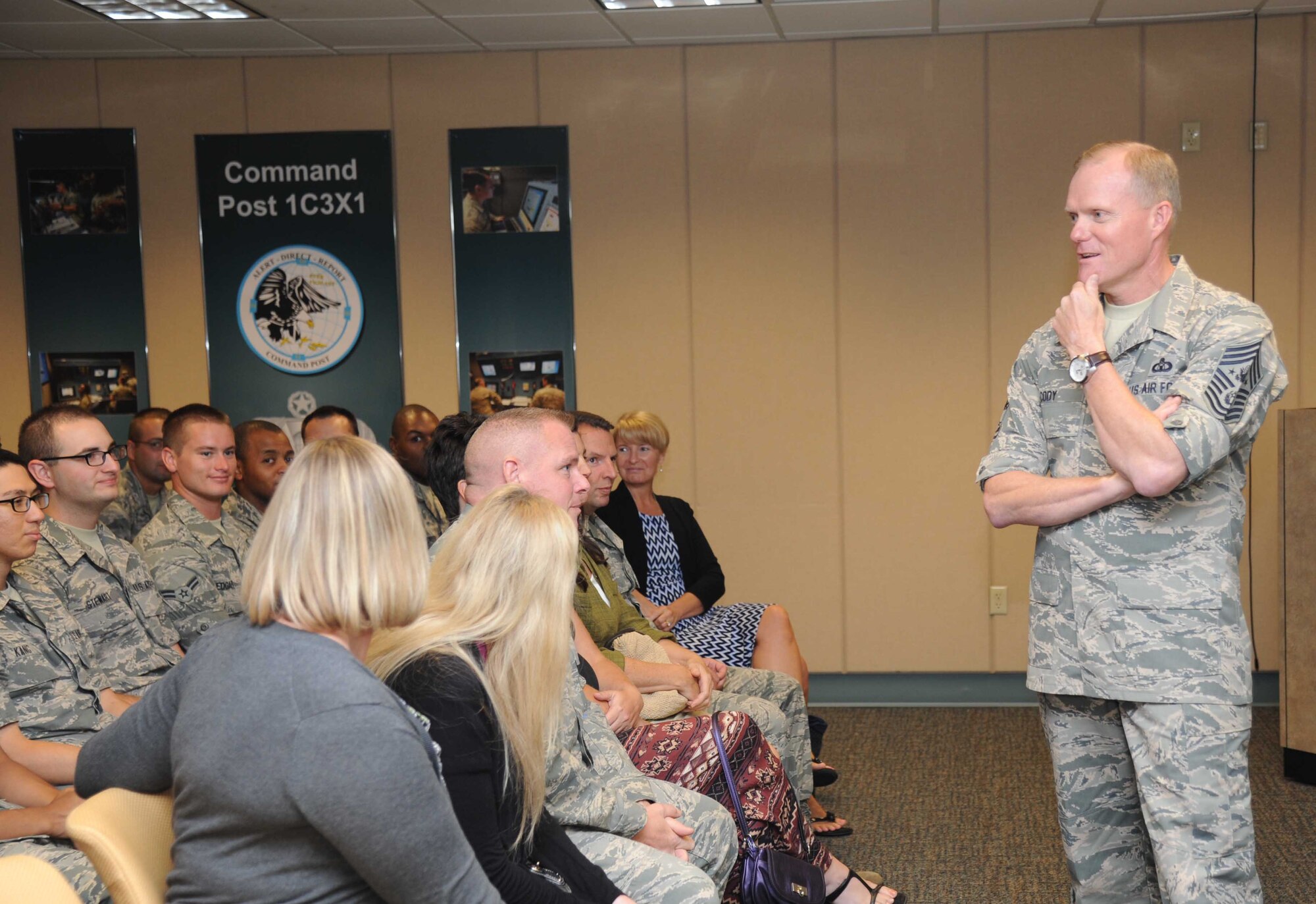 Chief Master Sgt. of the Air Force James A. Cody addresses 334th Training Squadron air traffic control students during a two-day visit of Keesler Air Force Base, Miss., Sept. 22-23, 2014. The purpose of the visit was to thank Team Keesler members and further understand the various missions here, including 2nd Air Force, 81st Training Wing and the 403rd Wing. (U.S. Air Force photo by Kemberly Groue)