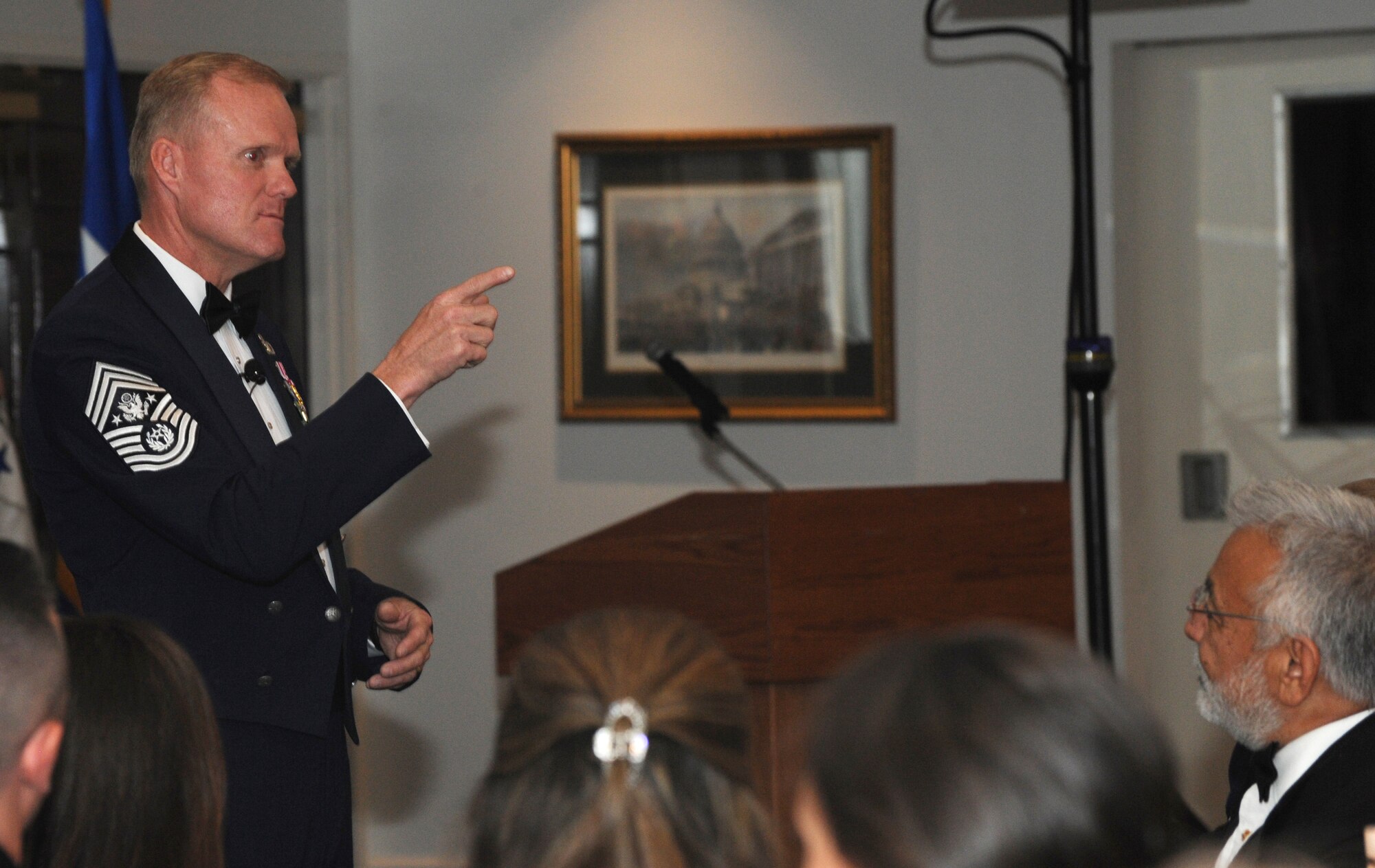 Chief Master Sergeant of the Air Force James A. Cody speaks during the Air Force District of Washington Air Force Birthday Ball at Joint Base Anacostia-Bolling, Washington, D.C., Sept. 19, 2014. Cody served as the guest speaker. During Cody’s speech he said, “Celebrate yourselves, what you do every day, your families and their sacrifices, and difference you have made not only to your country, but to people around the world.” (U.S. Air Force photo/Master Sgt. Tammie Moore)