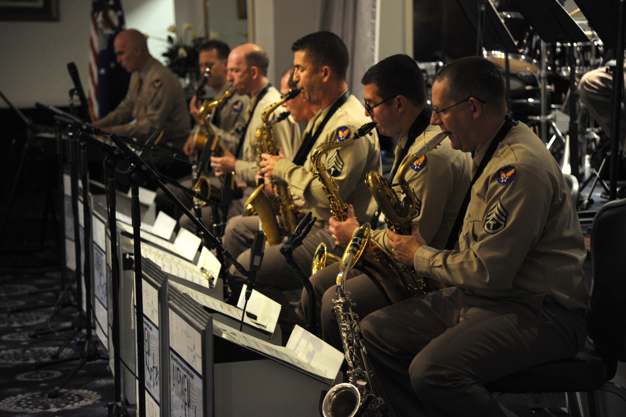 Airmen from the U.S. Air Force Band ensemble Airmen of Note perform during the Air Force District of Washington Air Force Birthday Ball at Joint Base Anacostia-Bolling, Washington, D.C., Sept. 19, 2014. The Airmen of Note, a jazz ensemble, is one of six musical ensembles that comprise the U.S. Air Force Band. (U.S. Air Force photo/Master Sgt. Tammie Moore)