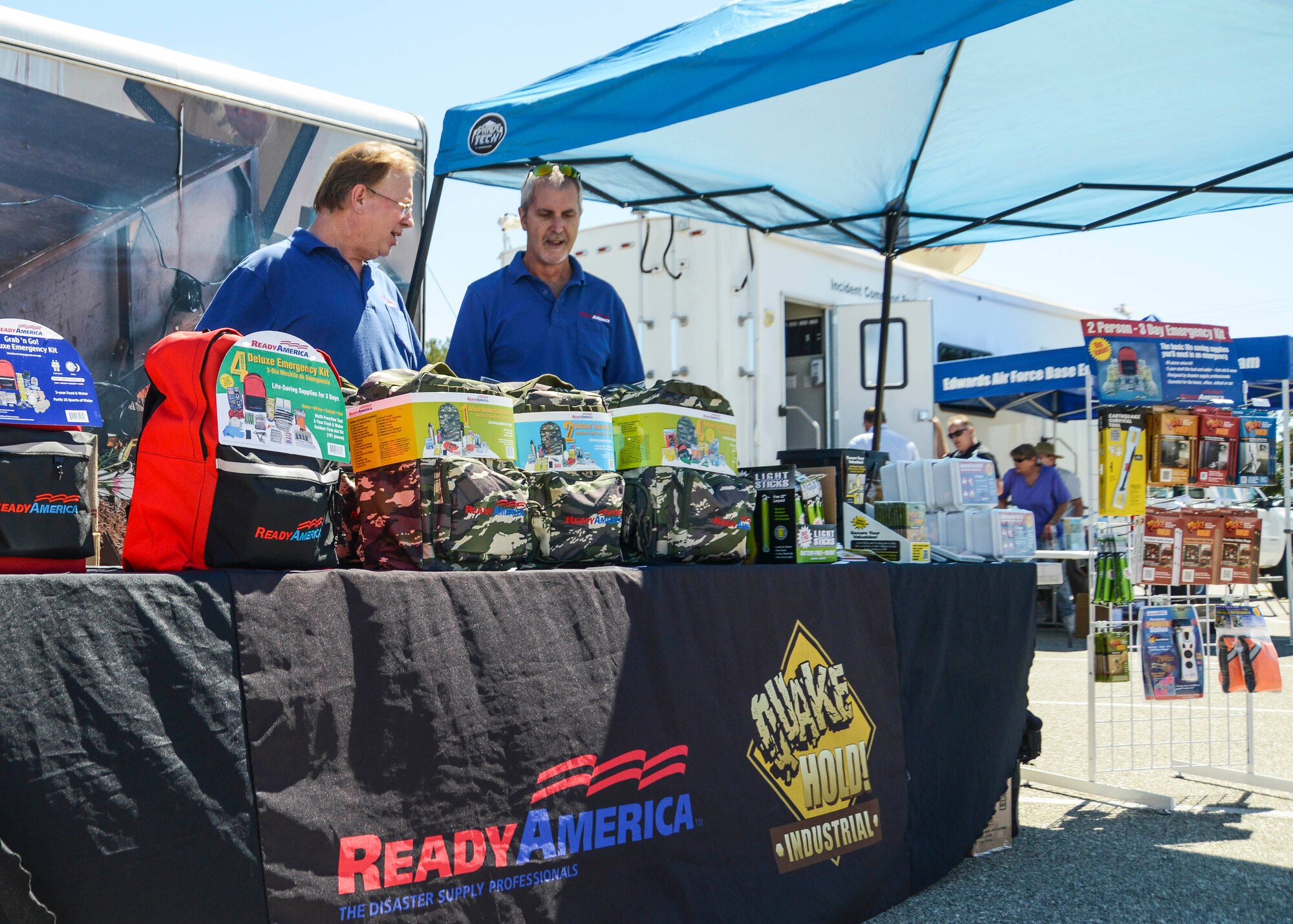 Ready America had emergency and first aid kits and furniture straps for sale and handed out samples of Quake Hold putty used for securing valuables. (U.S. Air Force photo by Rebecca Amber)