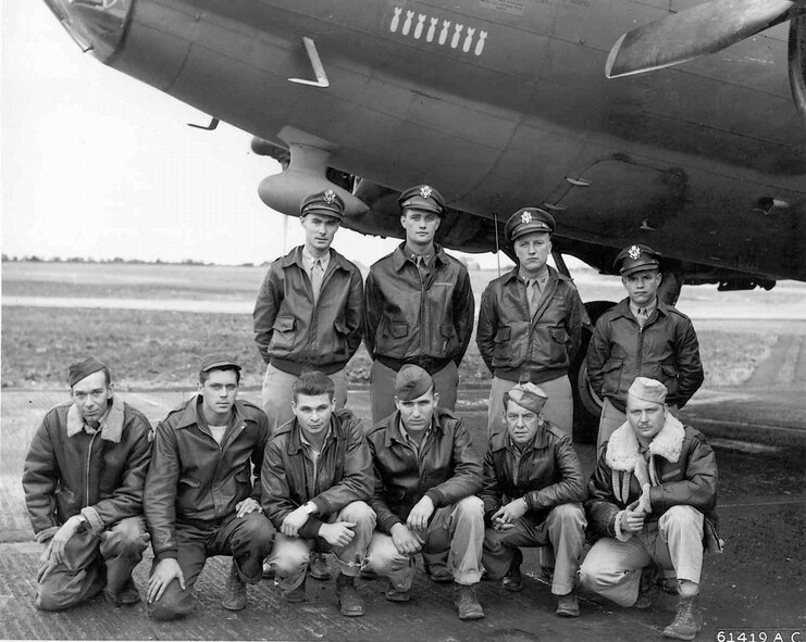 Captured here is the 560th Bomb Squadron’s Mohr crew, shot down by fighters while flying the 388th’s “Black Monday” mission to Stuttgart. Kneeling from left to right are TSgt. Hartzell H. Jones (Engineer), SSgt. Robert W. Wallin (Waist Gunner), SSgt. Robert R. Ammarell (Tail Gunner), SSgt. Rodric C. Beckham (Waist Gunner), TSgt. Halleck H. Hasson (Radio Operator), and SSgt. Bernard A. Becker (Ball Turret). Standing, left to right are 1st Lt. James G. Shilladay (Navigator), 1st Lt. Roy H. Mohr (Pilot), 2nd Lt. Elmer F. Schulz (Co-pilot) and 1st Lt. Ronald A. Marean (Bombardier). Of the ten-man crew, all of whom were on the fateful Stuttgart mission, three were killed in action (Mohr, Jones and Becker), six became POWs (Shilladay, Marean, Hasson, Wallin, Beckham and Ammarell), and one, co-pilot Schulz, remains missing in action to this day.  (Courtesy Dick Henggeler)