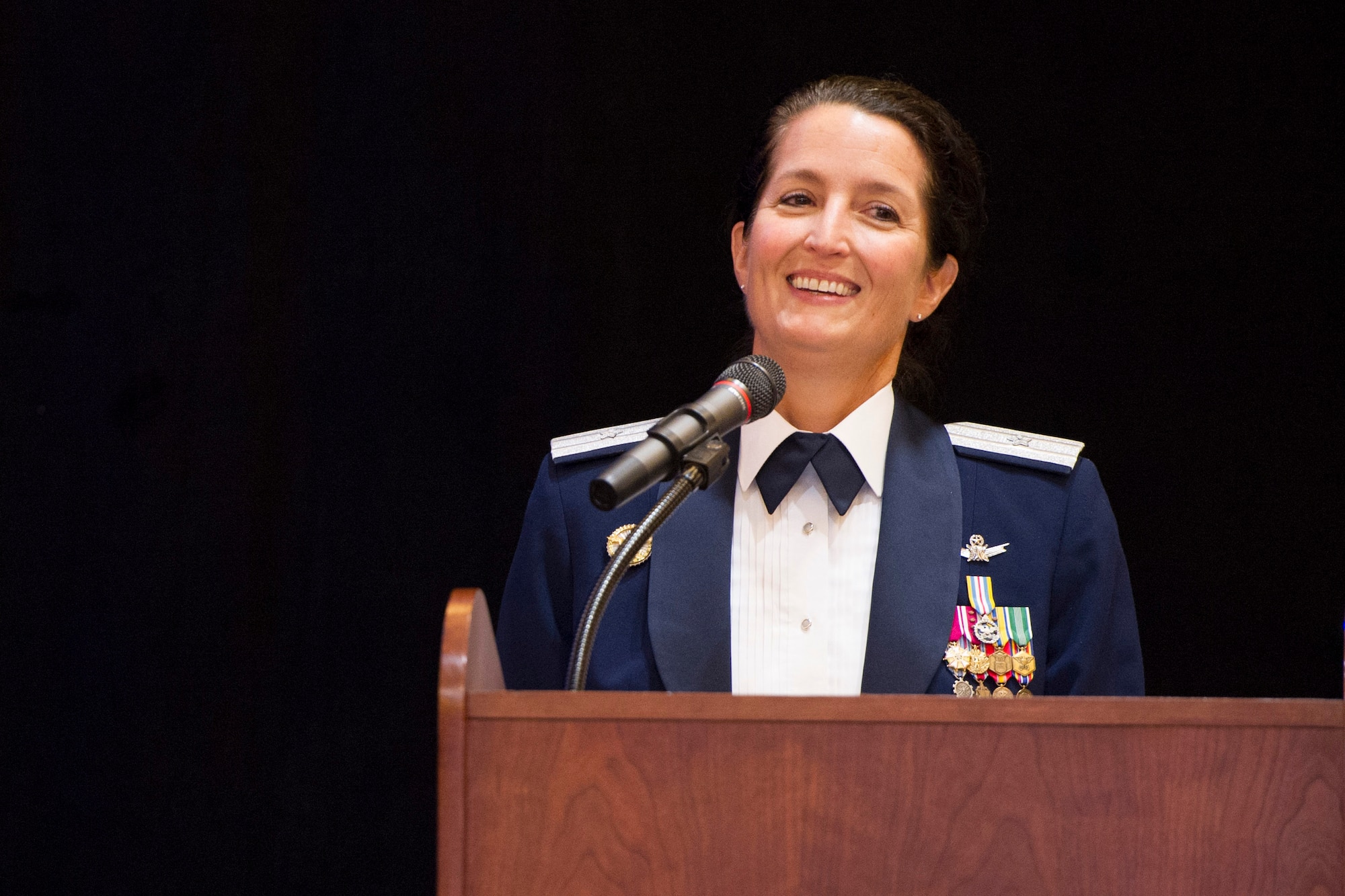 Brig. Gen. Nina Armagno, 45th Space Wing commander, speaks during the Air Force Ball, an event hosted to celebrate the U.S. Air Force’s birthday, in Melbourne, Fla., Sept. 19, 2014. Though Sept. 18, 1947, is seen as the official birth of the Air Force as we know it today, the truth is that the Air Force has a rich history that can be traced as far back as to the Civil War with the Union Army Balloon Corps. (U.S. Air Force photo/Matthew Jurgens) (Released) 