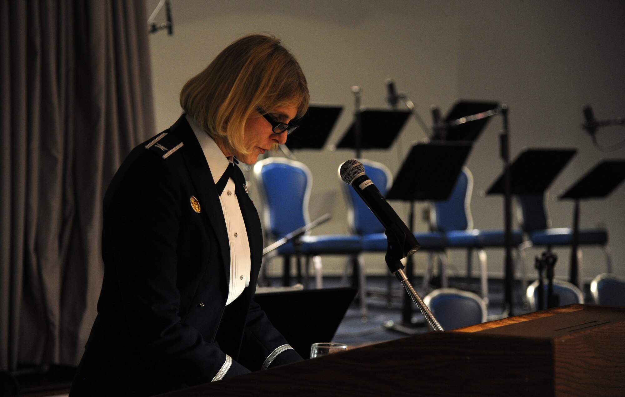 Chaplain (Col.) Lisa Tice provides comments during the Air Force District of Washington Air Force Birthday Ball at Joint Base Anacostia-Bolling, Washington, D.C., Sept. 19, 2014. Tice is the AFDW chaplain. (U.S. Air Force photo/Master Sgt. Tammie Moore) 