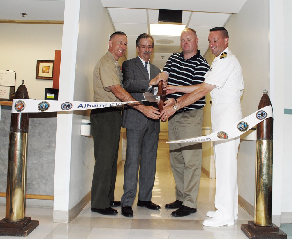 Marine Corps Logistics Base Albany, Veterans Affairs and Navy officials solidify the VA Clinic’s opening, here, Friday.