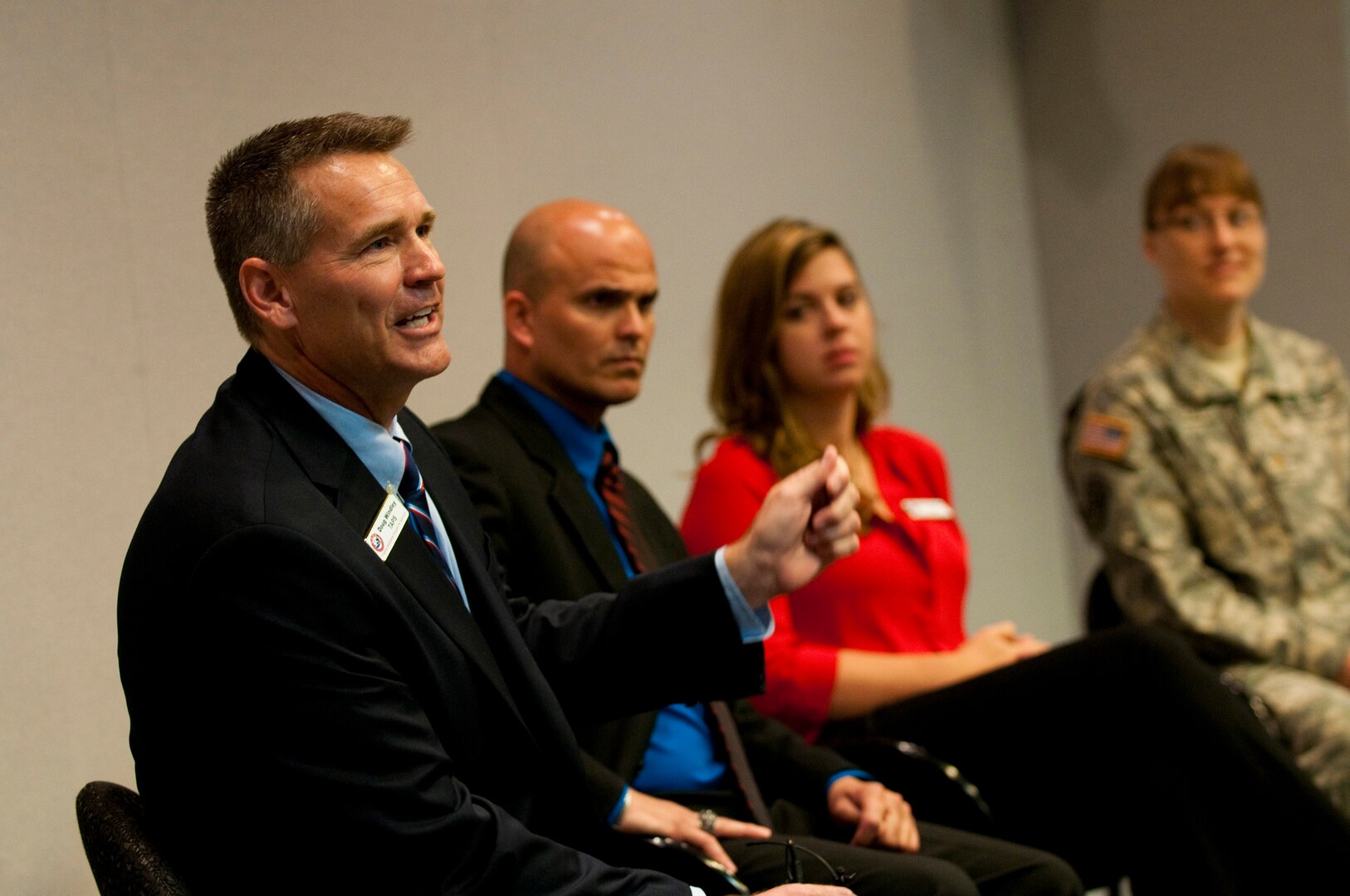 Doug Windley, the military installations program manager for the Tragedy Assistance Program for Survivors, TAPS, and other panelists talk about their personal struggles with suicide during a Suicide Prevention and Awareness Month panel discussion Sept. 16, 2014, at Arlington Hall in Arlington, Va. Windley and other panelists shared with the group what saved them from suicide and discussed at length the importance of asking for help with mental health issues.