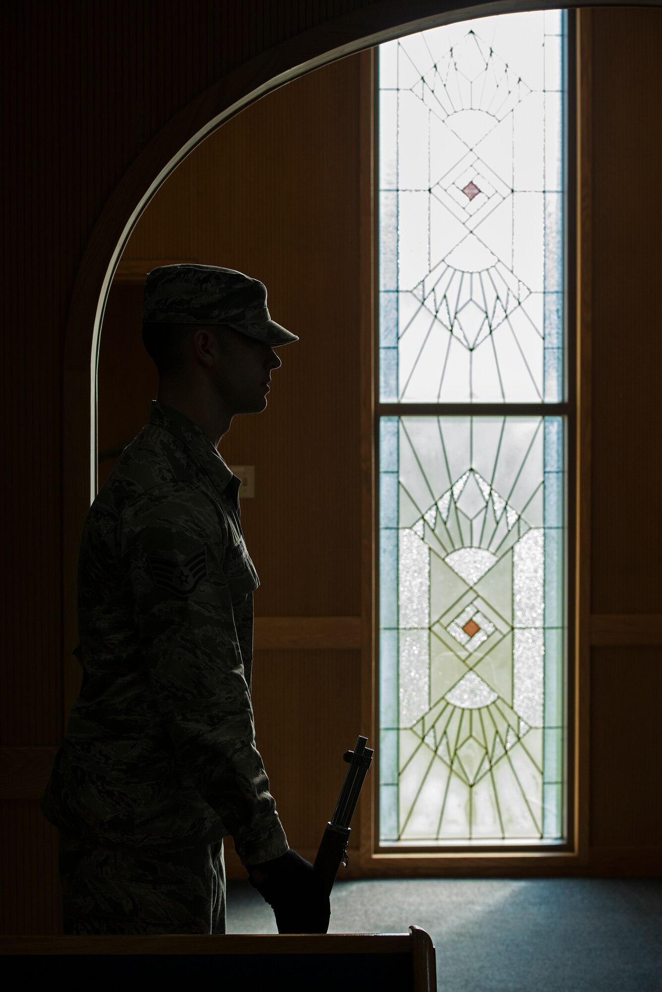 Staff Sgt. Joseph Goddard, a Team Osan honorguardsman, stands by before a Prisoners of War/Missing in Action remembrance ceremony Sept. 25, 2014, at Osan Air Base, Republic of Korea. The ceremony was in remembrance of the hundred thousands of POW/MIAs and served to acknowledge their sacrifices. (U.S. Air Force photo by Staff Sgt. Jake Barreiro/Released)
