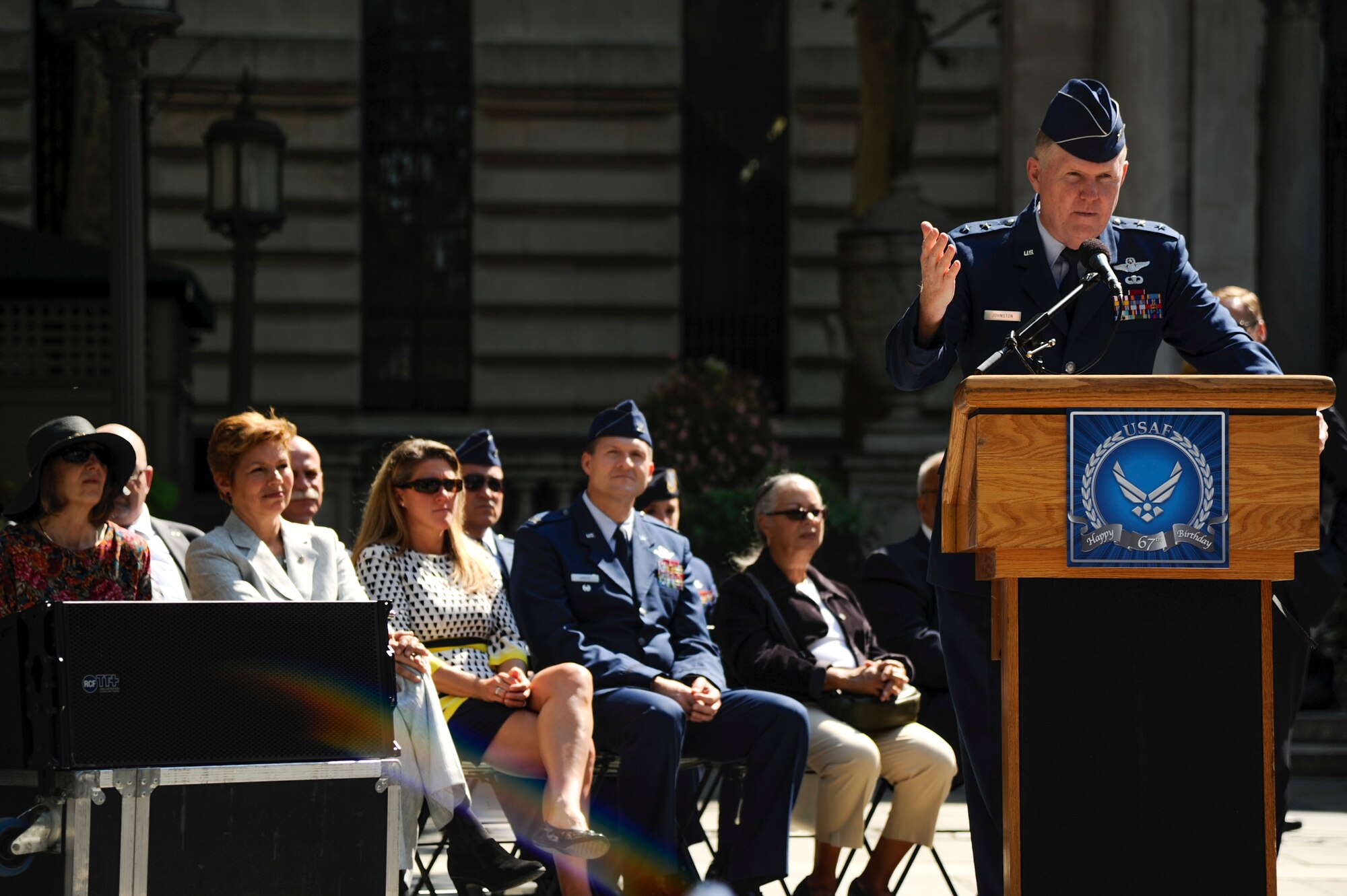 Maj. Gen. Verle Johnston, New York National Guard commander, speaks to a gathering crowd in Bryant Park, N.Y., about the historic importance of celebrating the U.S. Air Force’s 67th birthday in New York Sept. 18, 2014. “The very first military aviation unit was created on April 30, 1908, called the 1st Aero Company and it was part of the New York National Guard, located on Long Island,” Johnston said. (U.S. Air Force photo by Airman 1st Class Tara A. Williamson/Released)
