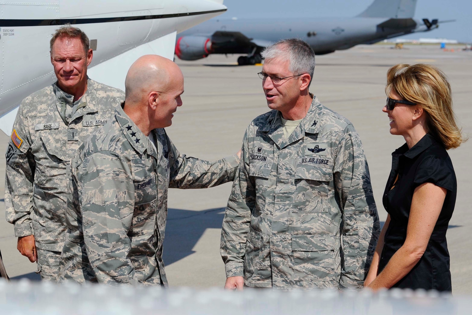 Lt. Gen. Carlton D. Everhart II, 18th Air Force commander, meets the 22nd Air Refueling Wing commander, Col. Joel D. Jackson, on the McConnell Air Force Base, Kan., flightline, Sept. 25, 2014.  The purpose of Everhart's visit is to meet the Airmen within his command, and it allowed wing leadership to highlight McConnell's mission capabilities. (U.S. Air Force photo/Airman 1st Class John Linzmeier)