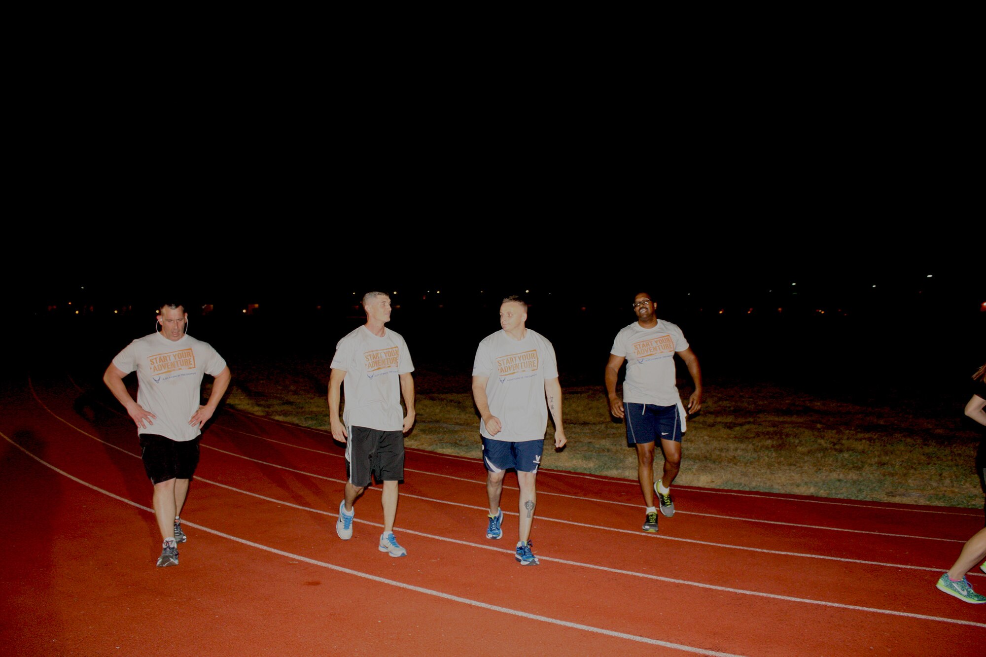 TRAVIS AIR FORCE BASE, Calif. -- The 349 AMW, recruiters, Senior Master Sgt. Alex Brown, Tech. Sgt. Robert Thames, Tech. Sgt. William Pullion, and Tech. Sgt. Jeffrey Madden honor our Prisoners of War and Missing in Action by participating a 24 hour run, Sept 18-19. (courtesy photo) 