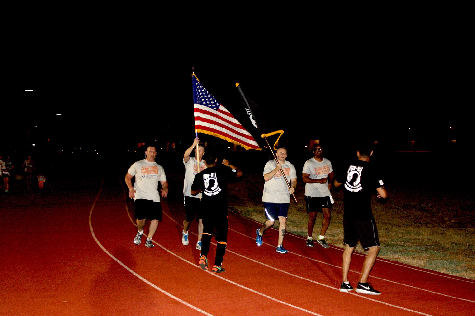 TRAVIS AIR FORCE BASE, Calif. -- The 349 AMW, recruiters, Senior Master Sgt. Alex Brown, Tech. Sgt. Robert Thames, Tech. Sgt. William Pullion, and Tech. Sgt. Jeffrey Madden honor our Prisoners of War and Missing in Action by participating a 24 hour run, Sept 18-19. (courtesy photo) 