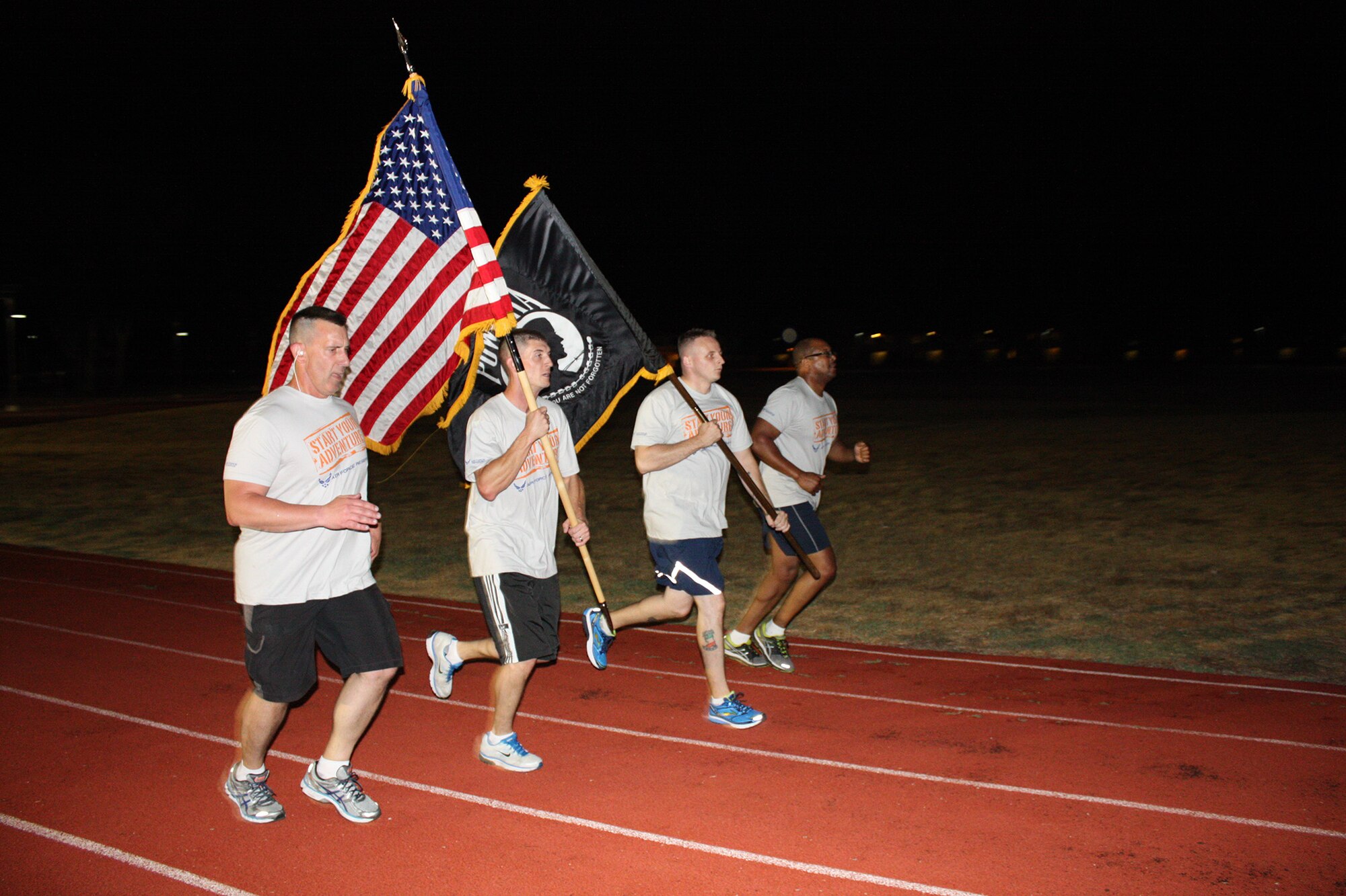TRAVIS AIR FORCE BASE, Calif. -- The 349 AMW, recruiters, Senior Master Sgt. Alex Brown, Tech. Sgt. Robert Thames, Tech. Sgt. William Pullion, and Tech. Sgt. Jeffrey Madden honor our Prisoners of War and Missing in Action by participating a 24 hour run, Sept 18-19. (courtesy photo) 
