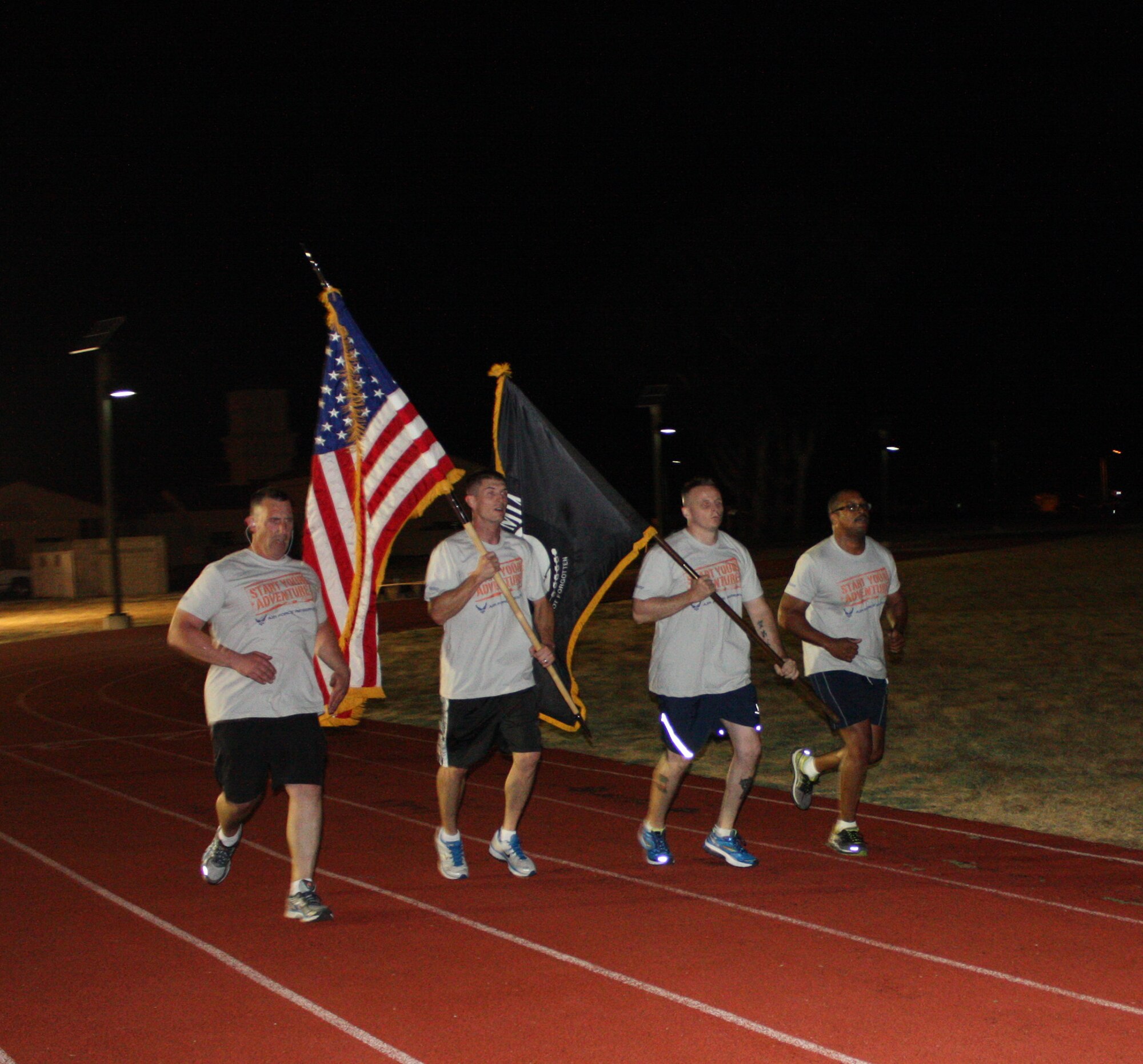 TRAVIS AIR FORCE BASE, Calif. -- The 349 AMW, recruiters, Senior Master Sgt. Alex Brown, Tech. Sgt. Robert Thames, Tech. Sgt. William Pullion, and Tech. Sgt. Jeffrey Madden honor our Prisoners of War and Missing in Action by participating a 24 hour run, Sept 18-19. (courtesy photo) 