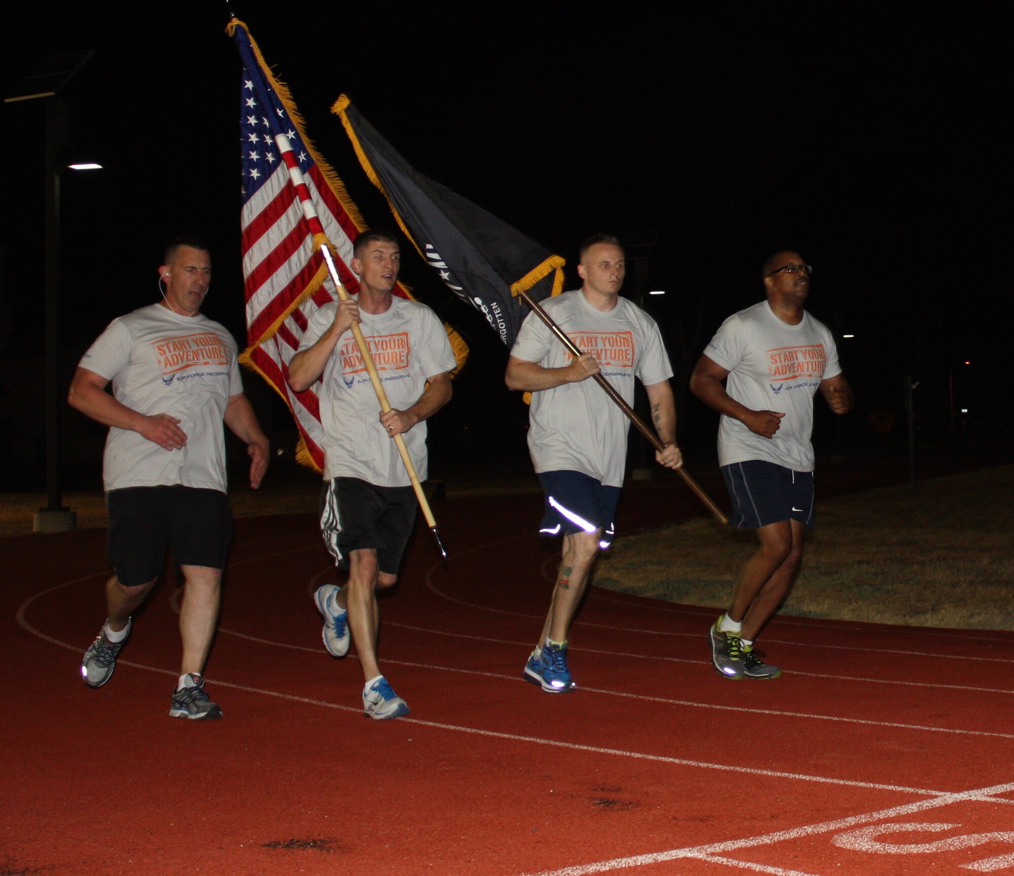 TRAVIS AIR FORCE BASE, Calif. -- The 349 AMW, recruiters, Senior Master Sgt. Alex Brown, Tech. Sgt. Robert Thames, Tech. Sgt. William Pullion, and Tech. Sgt. Jeffrey Madden honor our Prisoners of War and Missing in Action by participating a 24 hour run, Sept 18-19. (courtesy photo) 
