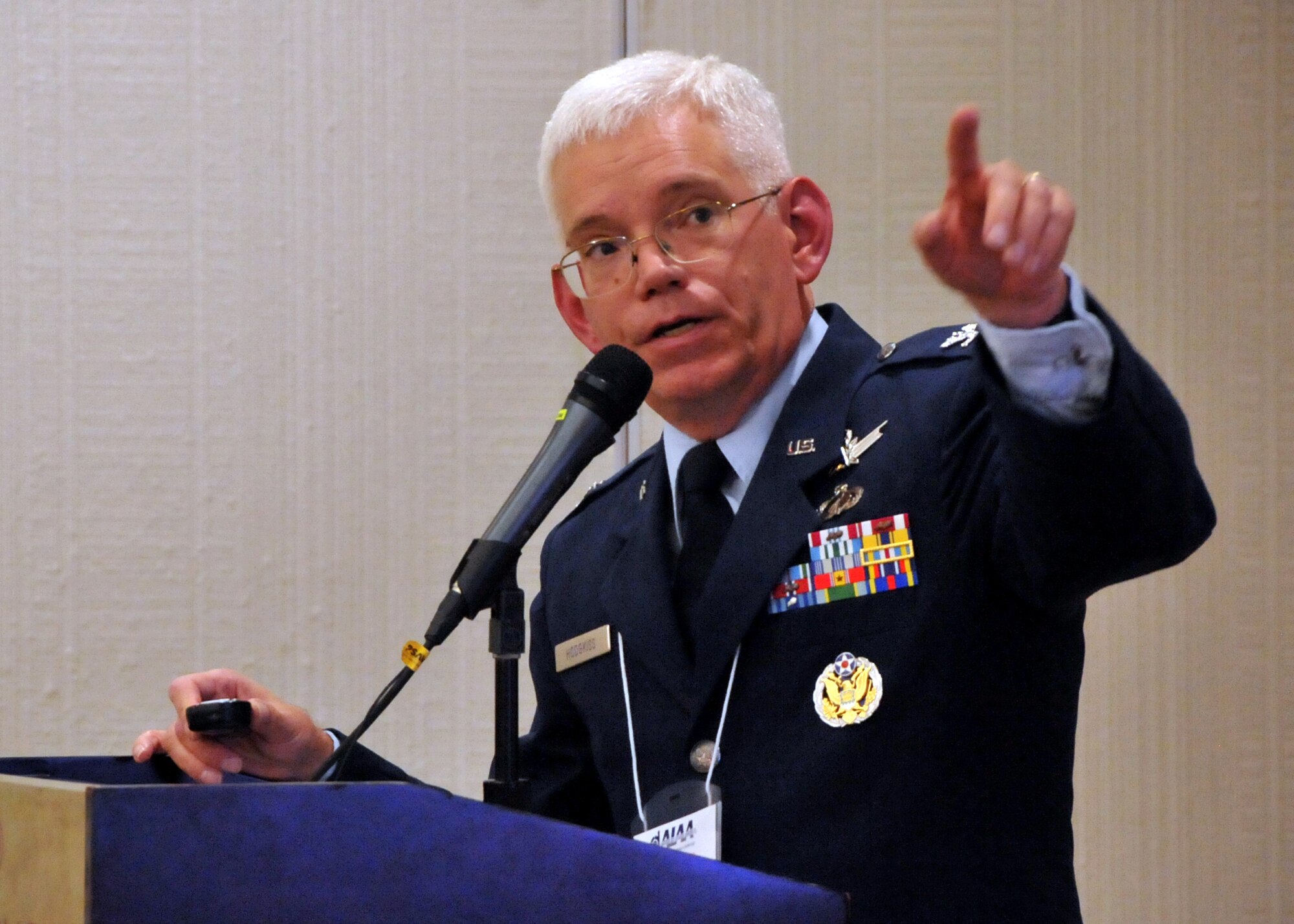 U.S. Air Force Col. William R. Hodgkiss, director of Launch Systems Directorate, Space and Missile Systems Center at Los Angeles Air Force Base, speaks about Responsive Space during the American Institute of Aeronautics and Astronautics Los Angeles-Las Vegas meeting in El Segundo, Calif., Sept. 18, 2014. (U.S. Air Force photo by Sarah Corrice)