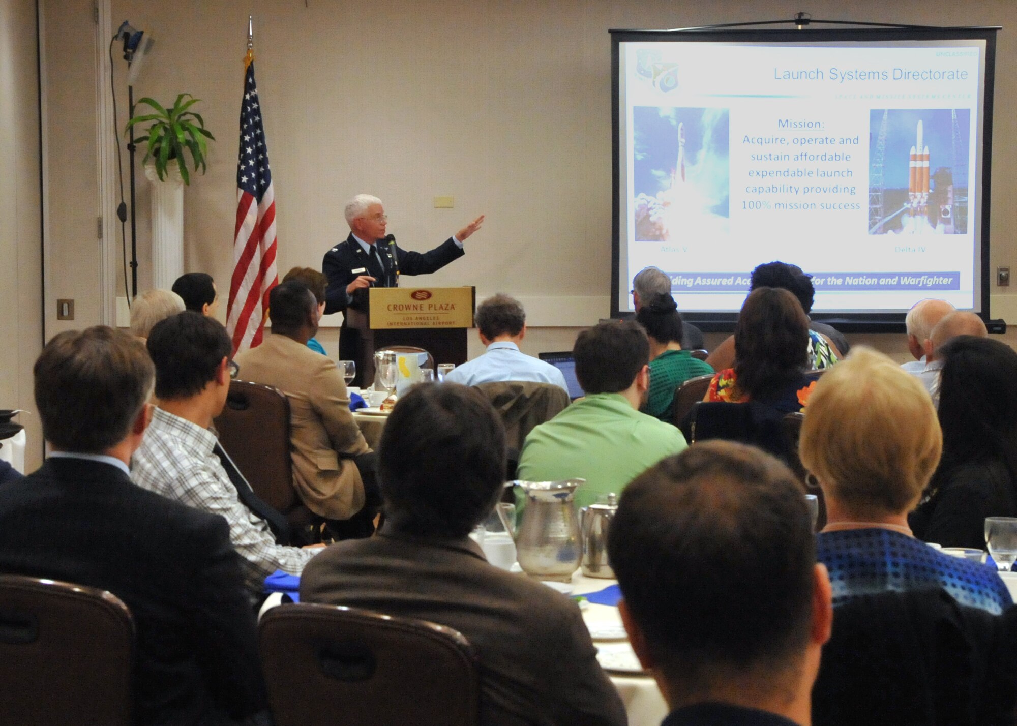 U.S. Air Force Col. William R. Hodgkiss, director of Launch Systems Directorate, Space and Missile Systems Center at Los Angeles Air Force Base, speaks about Responsive Space during the American Institute of Aeronautics and Astronautics Los Angeles-Las Vegas meeting in El Segundo, Calif., Sept. 18, 2014. (U.S. Air Force photo by Sarah Corrice)
