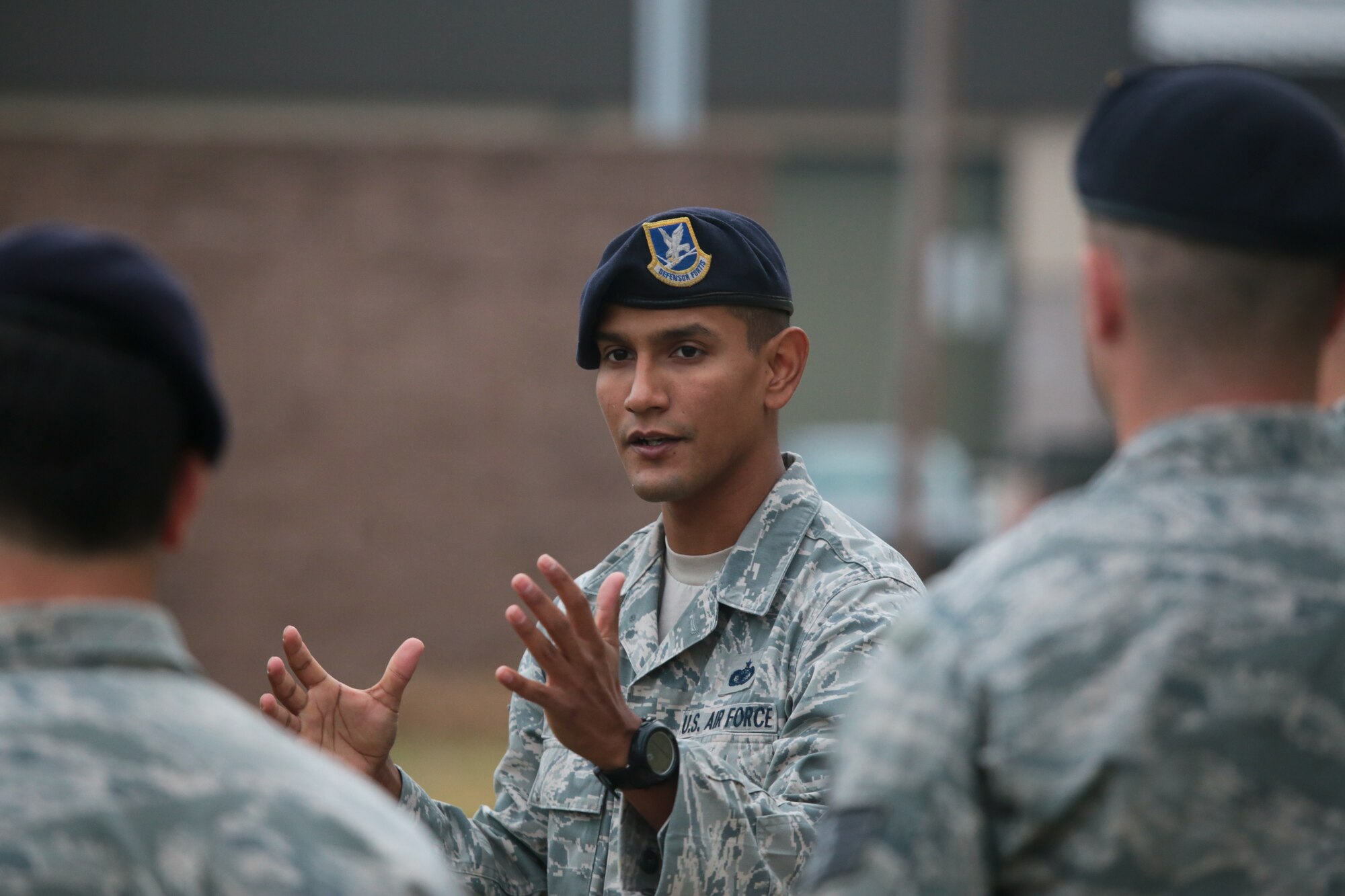 A picture of U.S. Air Force Staff Sgt. Mark Torres from the 610th Security Forces Squadron instructing Air National Guard, U.S. Coast Guard, and local law enforcement officers on active shooter tactics.