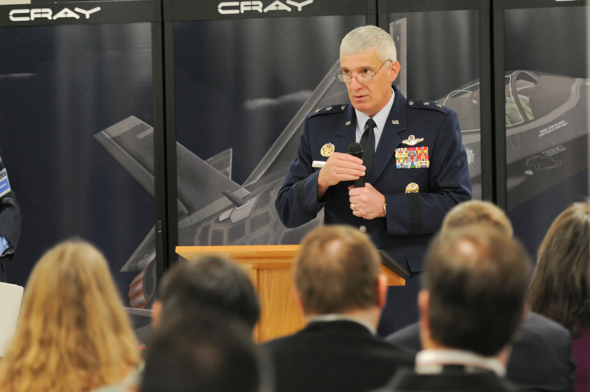AFRL commander Maj. Gen. Thomas Masiello discusses the major impact that the Lightning supercomputer will have on AFRL and DoD research and testing, during the September 23 ribbon cutting ceremony. (U.S. Air Force photo by Wesley Farnsworth)