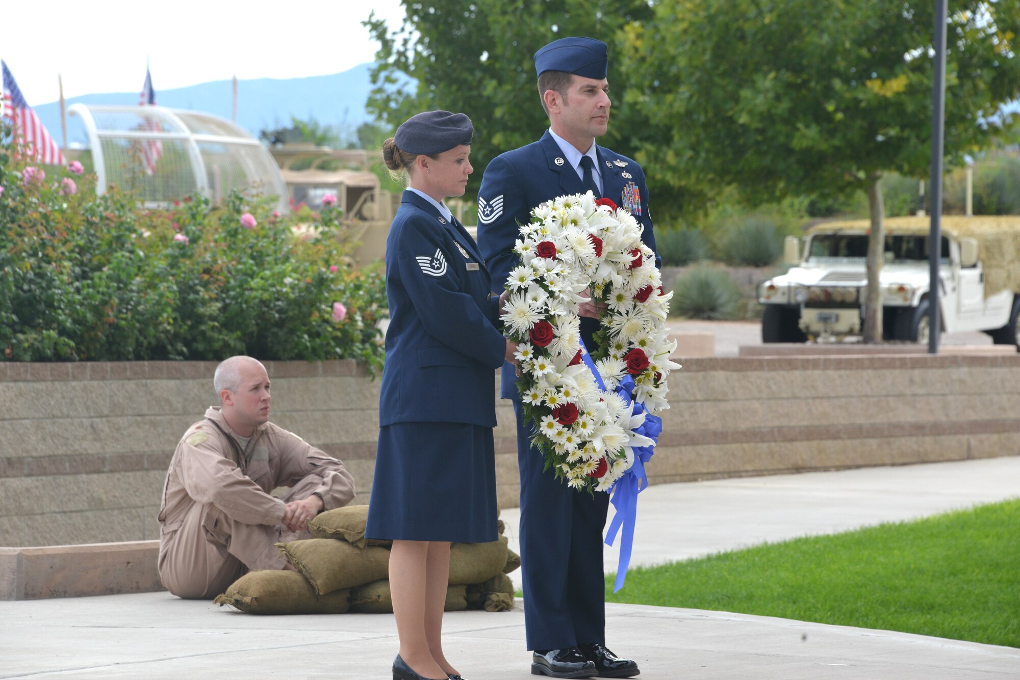 Kirtland Airmen present the official wreath at the POW MIA Recognition Day ceremony Sept. 19 at the New Mexico Veteran's Memorial Amphitheater. (Photo by Dennis Carlson)