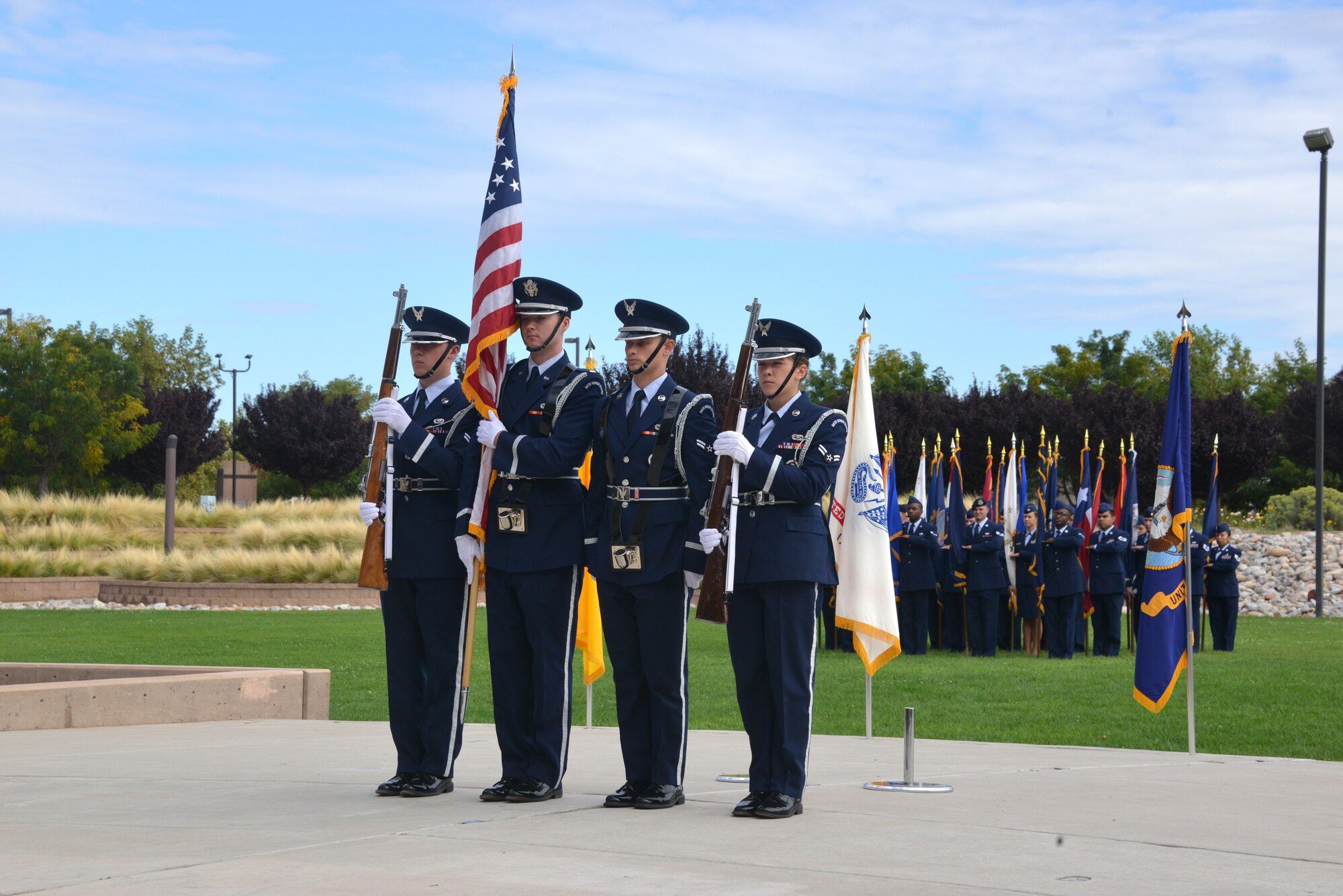 Members of the Kirtland Honor Guard present the colors at the POW MIA Recognition Day ceremony Sept. 19 at the New Mexico Veteran's Memorial Amphitheater. (Photo by Dennis Carlson)