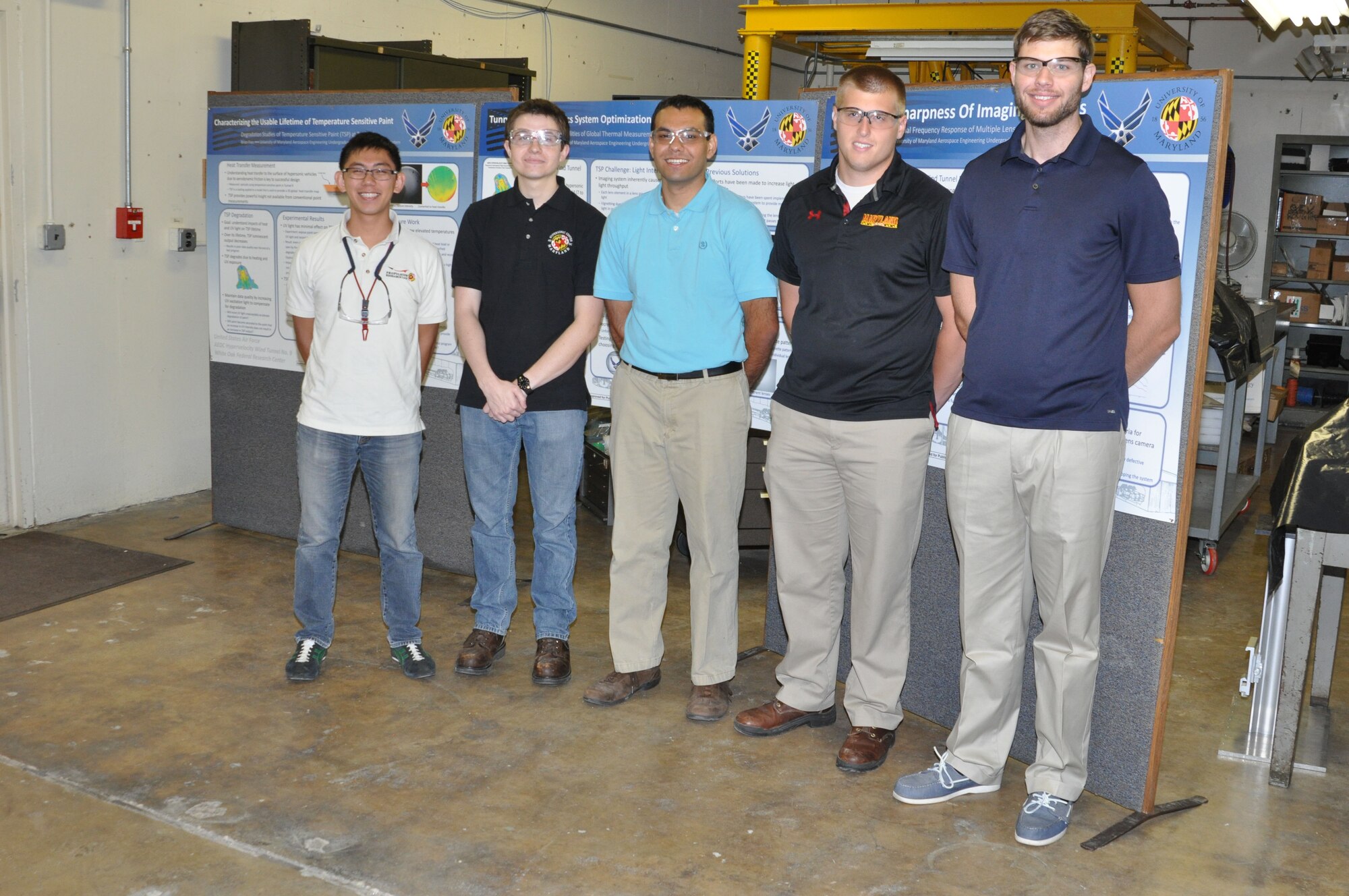 Arnold Engineering Development Complex (AEDC) White Oak summer intern students with the posters they presented for the end of year colloquium review.  Pictured left to right are Hiroshi Furuya, Brian Free, Parth Kathrotiya, John Juliano and Jack Draper. (Photo by Mike Smith)