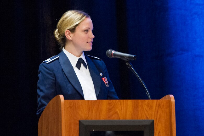Capt. Molly Clark, of the 45th Aerospace Medicine Squadron and emcee, speaks to guests during the Air Force Ball, an event hosted to celebrate the U.S. Air Force’s birthday, in Melbourne, Fla., Sept. 19, 2014. Though Sept. 18, 1947, is seen as the official birth of the Air Force as we know it today, the truth is that the Air Force has a rich history that can be traced as far back as to the Civil War with the Union Army Balloon Corps. (U.S. Air Force photo/Matthew Jurgens) (Released) 