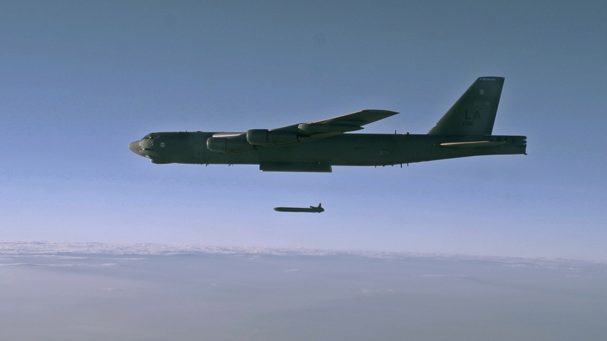 An unarmed AGM-86B Air-Launched Cruise Missile is released from a B-52H Stratofortress over the Utah Test and Training Range during a Nuclear Weapons System Evaluation Program sortie Sept. 22, 2014. Conducted by Airmen from the 2nd Bomb Wing, Barksdale Air Force Base, La., the launch was part of an end-to-end operational evaluation of 8th Air Force and Task Force 204’s ability to pull an ALCM from storage, load it aboard an aircraft, execute a simulated combat mission tasking and successfully deliver the weapon from the aircraft to its final target. (Photo by Staff Sgt. Roidan Carlson)