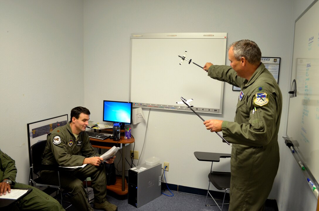 Pilots talk flight tactics. 