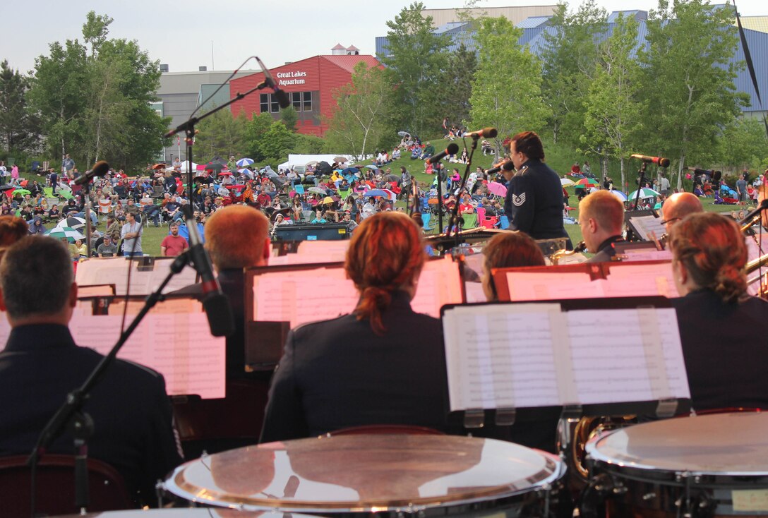 Instrumentalists with the Air National Guard Band of the Midwest perform for audiences during annual training at the Bayfront Festival Park, Duluth, Minn., July 4, 2014. They performed jazz, rock and concert music for audiences in Illinois and Wisconsin as part of their community relations tour before a grand finale in Minnesota July 4. The annual concert series was the result of a year’s worth of training and practice, one that the band used to celebrate patriotism with communities across the Midwest. (Courtesy photo/Released)