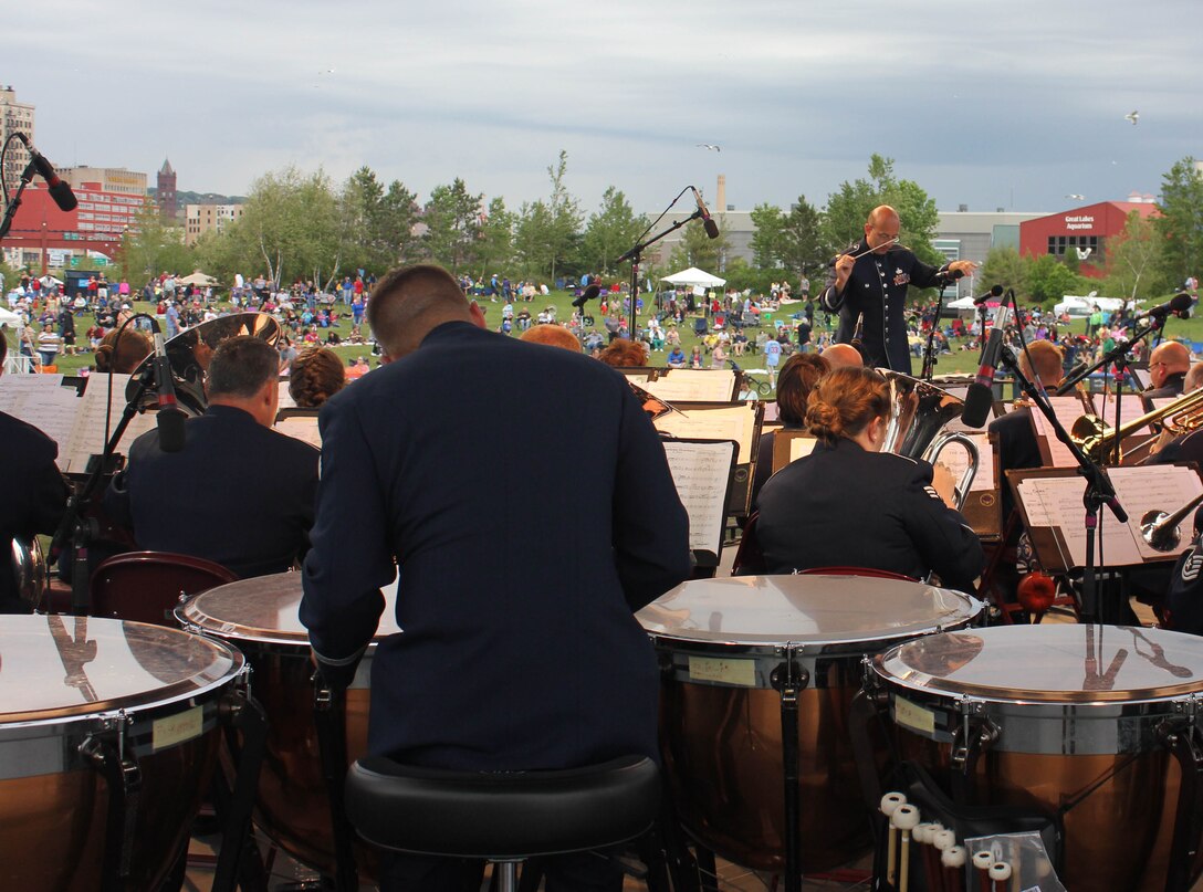Instrumentalists with the Air National Guard Band of the Midwest perform for audiences during annual training at the Bayfront Festival Park, Duluth, Minn., July 4, 2014. They performed jazz, rock and concert music for audiences in Illinois and Wisconsin as part of their community relations tour before a grand finale in Minnesota July 4. The annual concert series was the result of a year’s worth of training and practice, one that the band used to celebrate patriotism with communities across the Midwest. (Courtesy photo/Released)