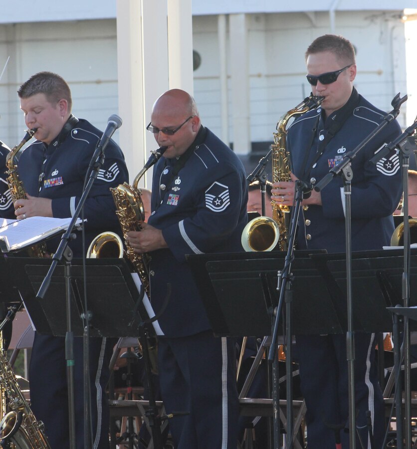 Instrumentalists with the Air National Guard Band of the Midwest perform for audiences during annual training at Barker’s Island Festival Park, Superior, Wis., July 3, 2014. They performed jazz, rock and concert music for audiences in Illinois and Wisconsin as part of their community relations tour before a grand finale in Minnesota July 4. The annual concert series was the result of a year’s worth of training and practice, one that the band used to celebrate patriotism with communities across the Midwest. (Courtesy photo/Released)
